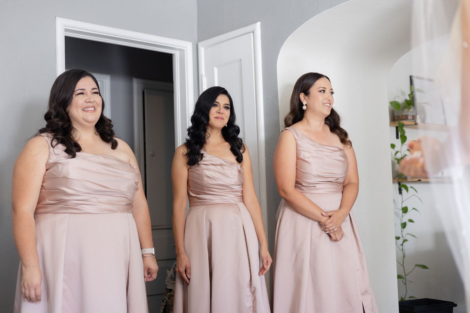 Row of bridesmaids in blush pink dresses standing together in natural light.