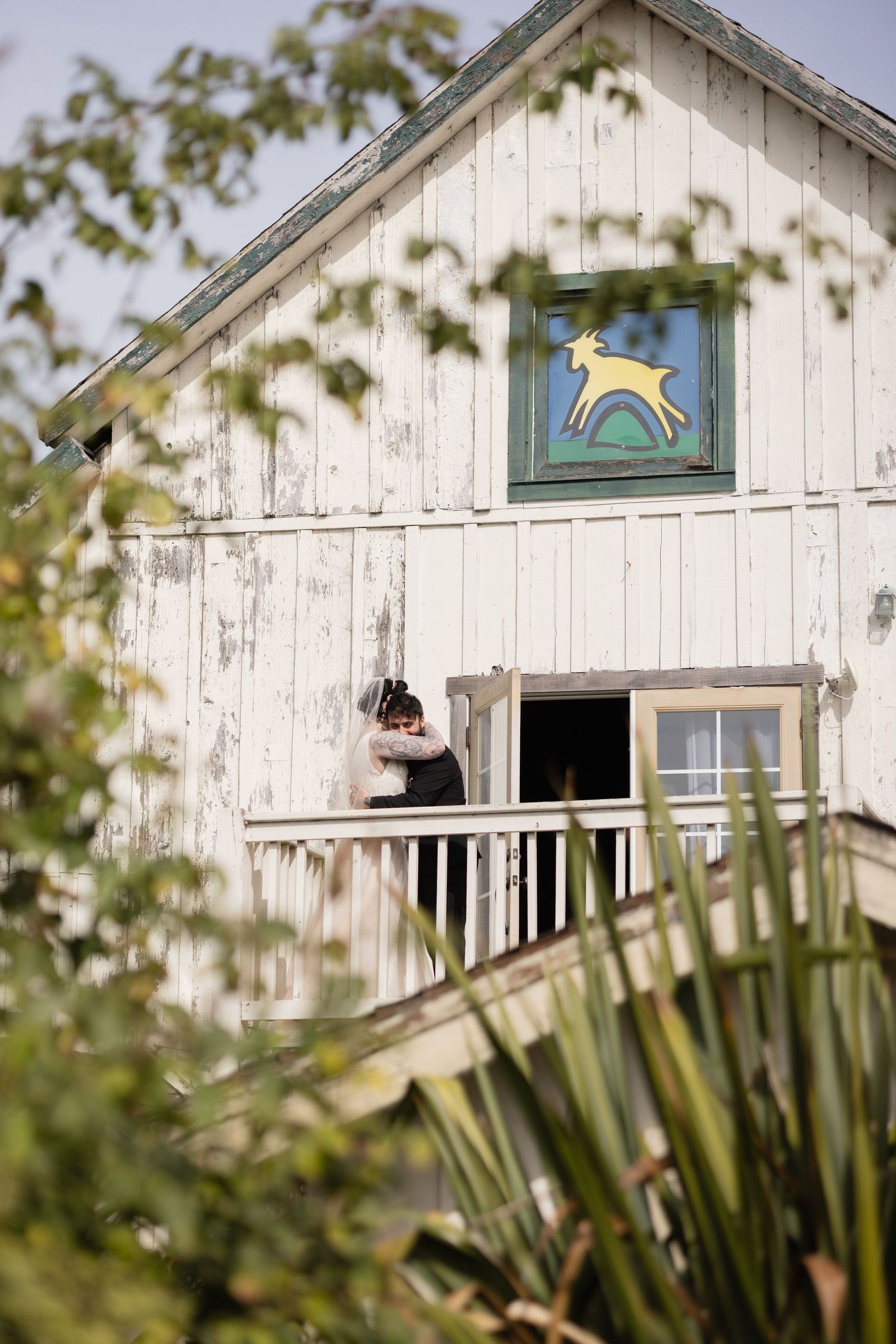 Two figures embrace on a rustic barn deck surrounded by foliage and featuring a deer emblem.