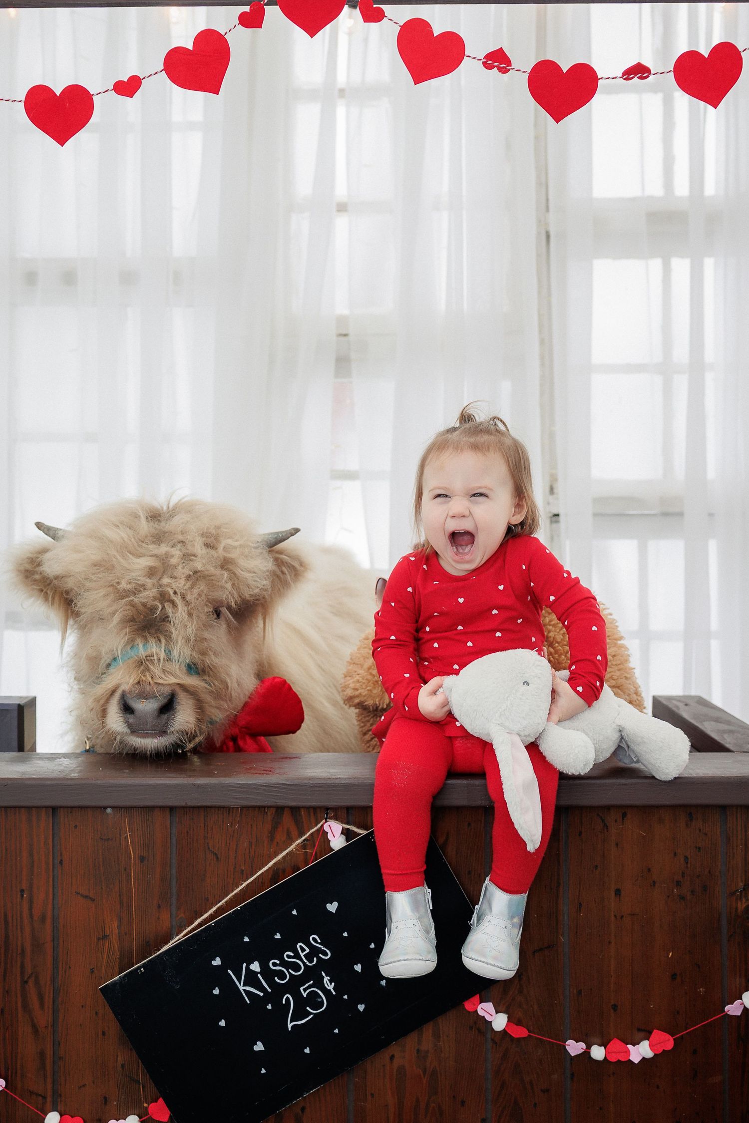 Valentine's themed photo with child in red outfit sitting with fluffy dog under heart decorations.
