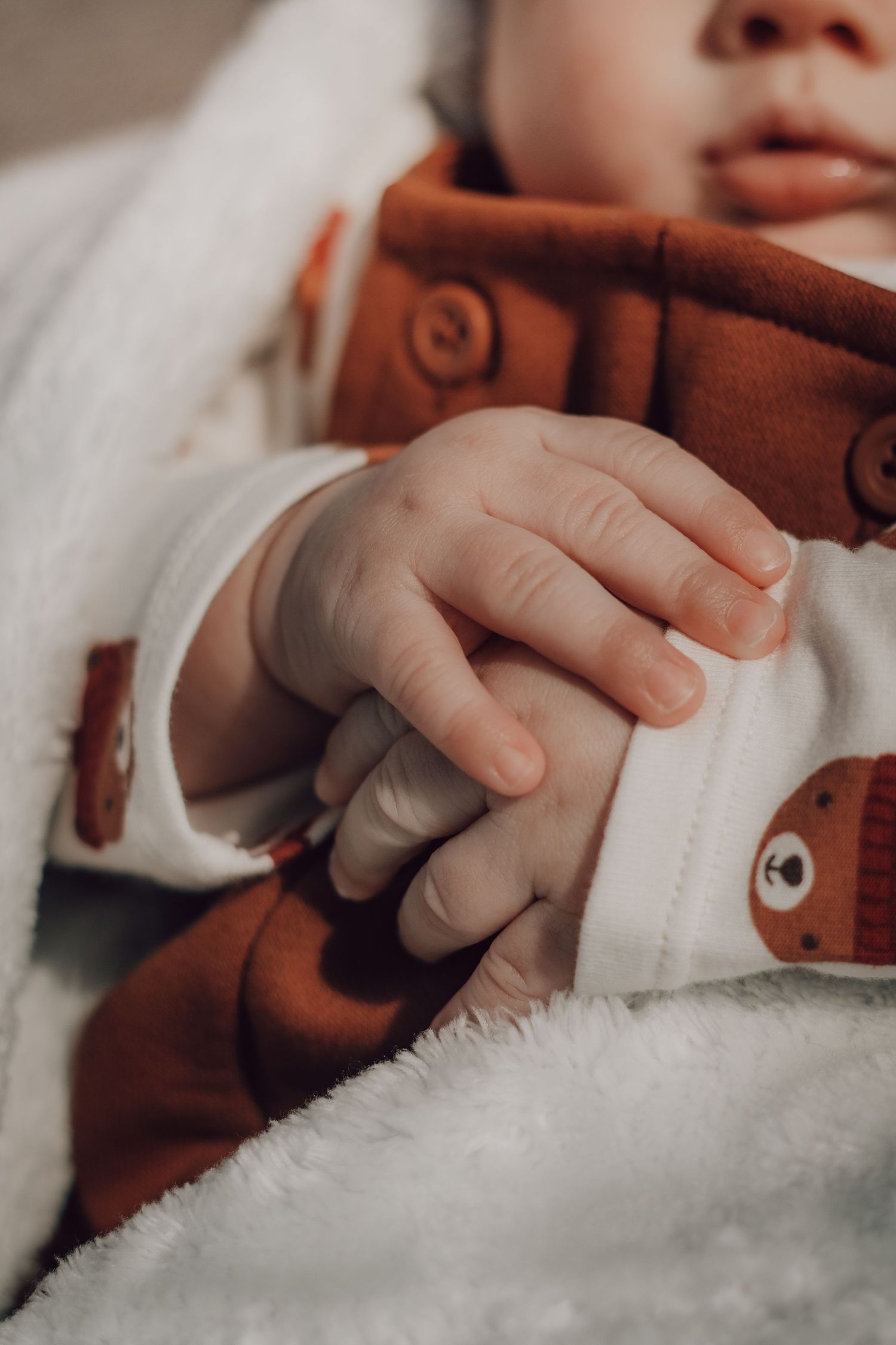 Close-up of infant's hands grasping soft brown fabric against white background.
