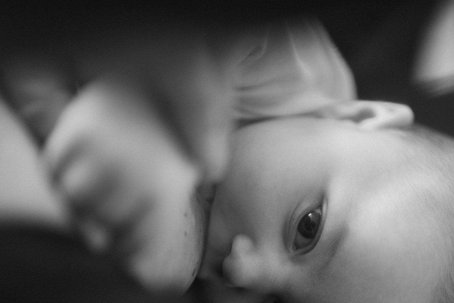 Black and white macro shots focusing on delicate infant features.
Photo noir et blanc d'un bébé dans les bras de sa mère pendant la tétée.