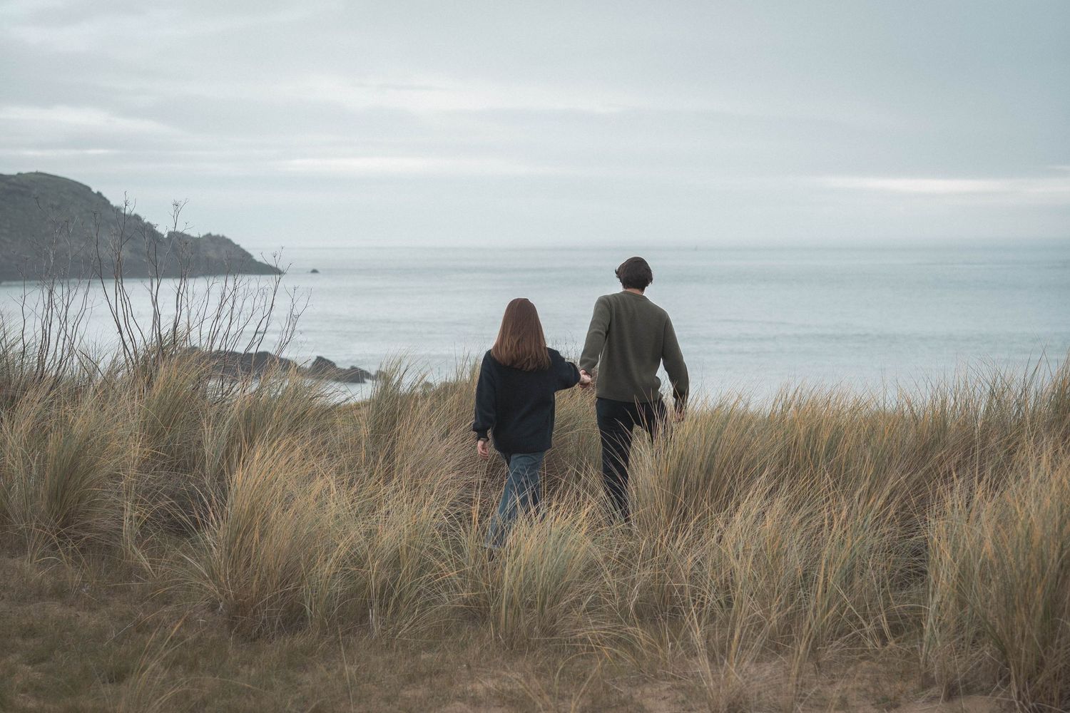 People sitting together on a grassy hillside overlooking the ocean.
Couple marchant main dans la main dans les hautes herbes.