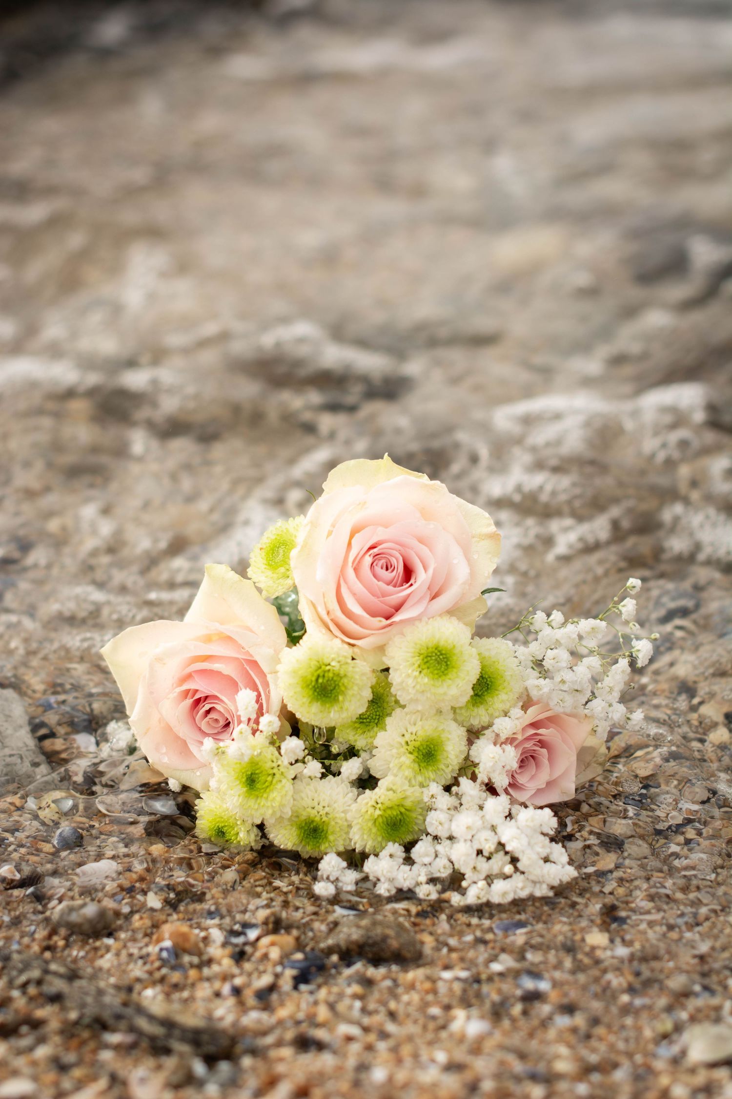 Delicate arrangement of pink roses and green chrysanthemums with baby's breath on stone surface.
bouquet de la mariée au bord de l'eau