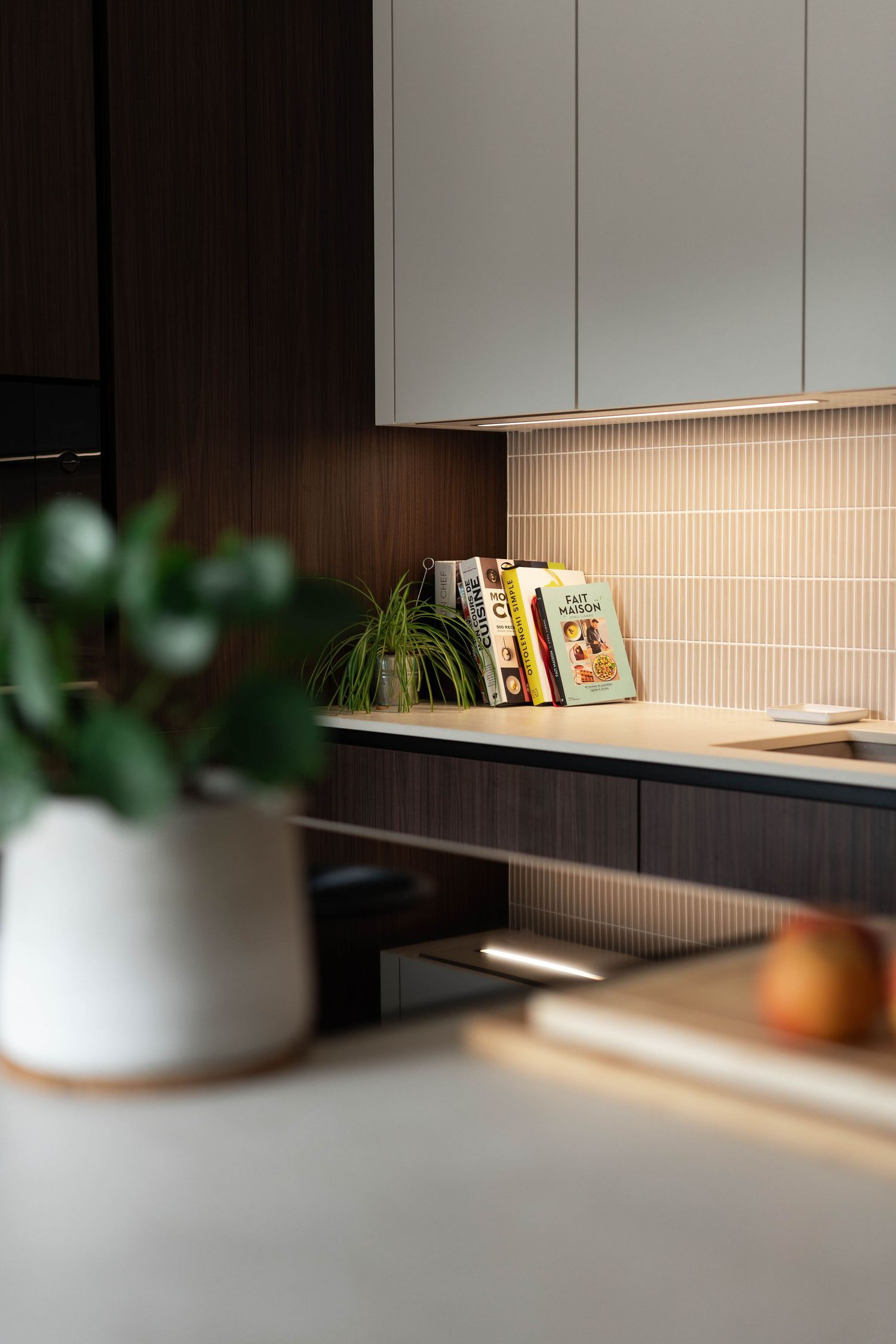 Minimalist kitchen design with cookbooks and plants on wooden shelving.
Cuisine moderne avec livre en décoration