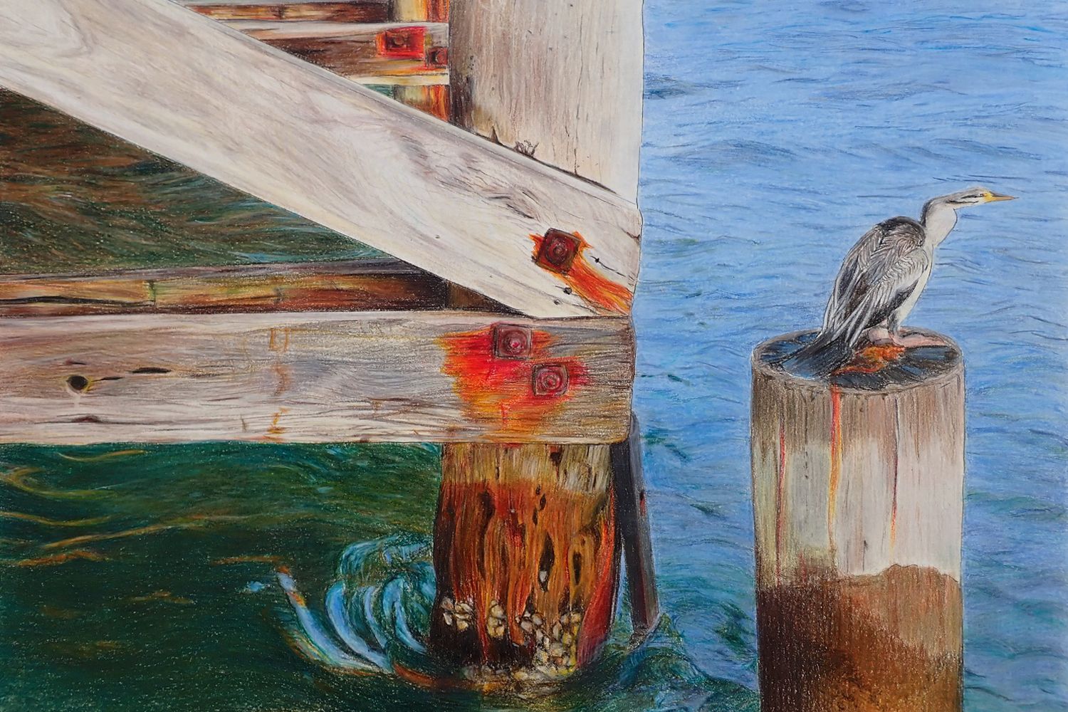 Completed artwork by landscape and wildlife artist, Katelizabeth. Jetty and the Cormorant. Prints available