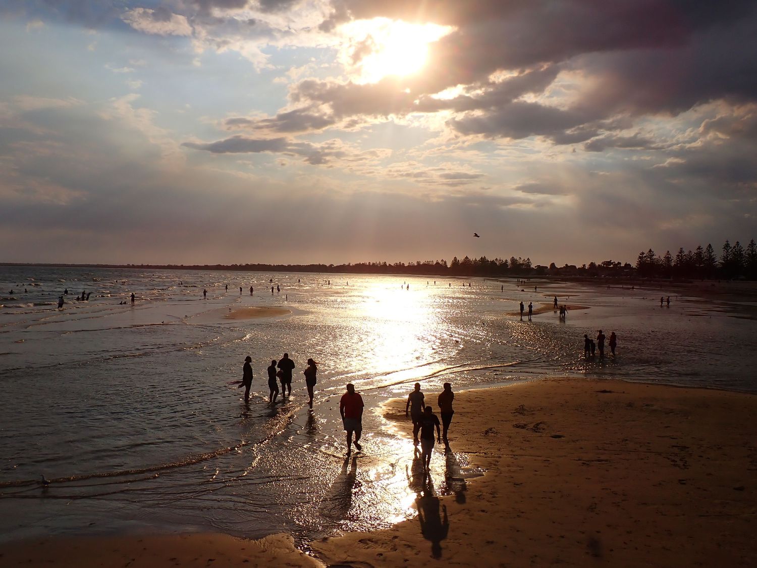 Silhouettes of beachgoers enjoying a dramatic sunset over the ocean with clouds casting rays of light. Altona Beach.