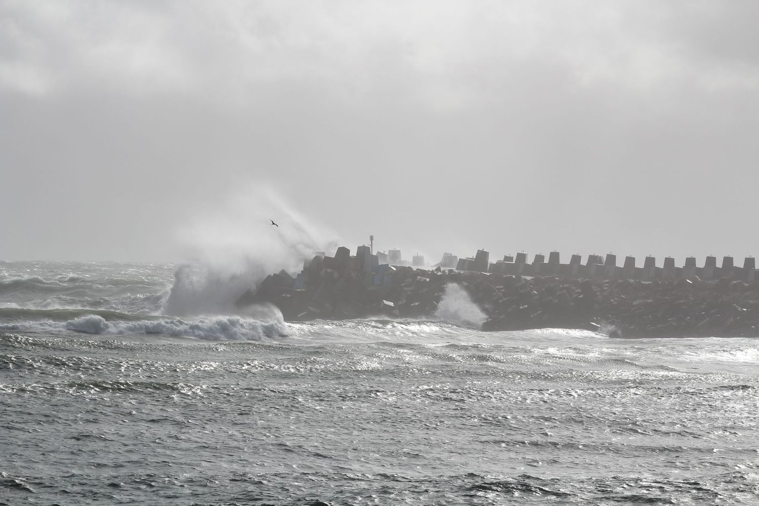 Dramatic stormy seascape with large waves crashing against a rocky coastline. Cycle Alfred at Coffs Harbour.