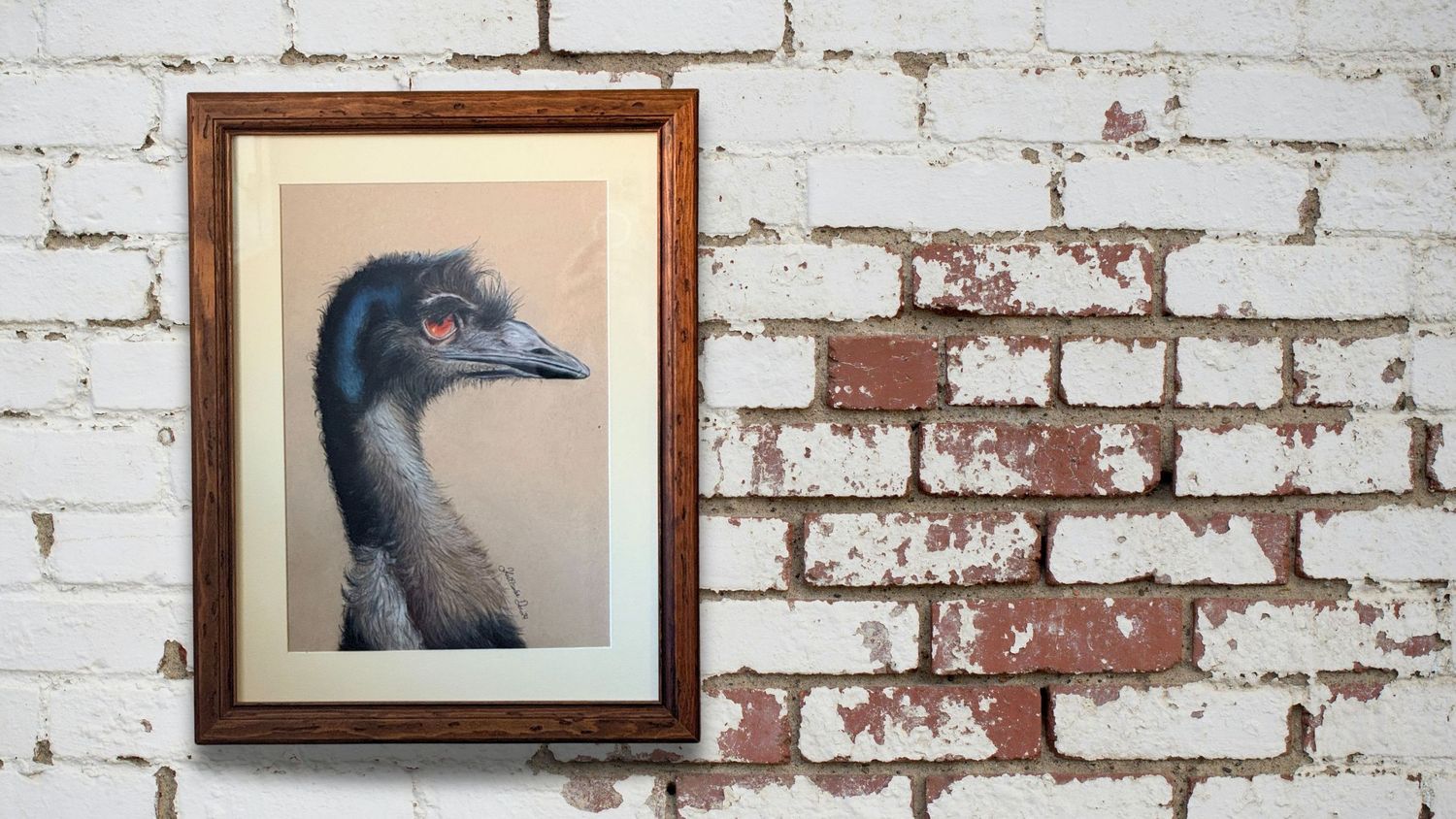 Completed artwork by landscape and wildlife artist, Katelizabeth. Emu drawing by Caran d'Ache pencils.