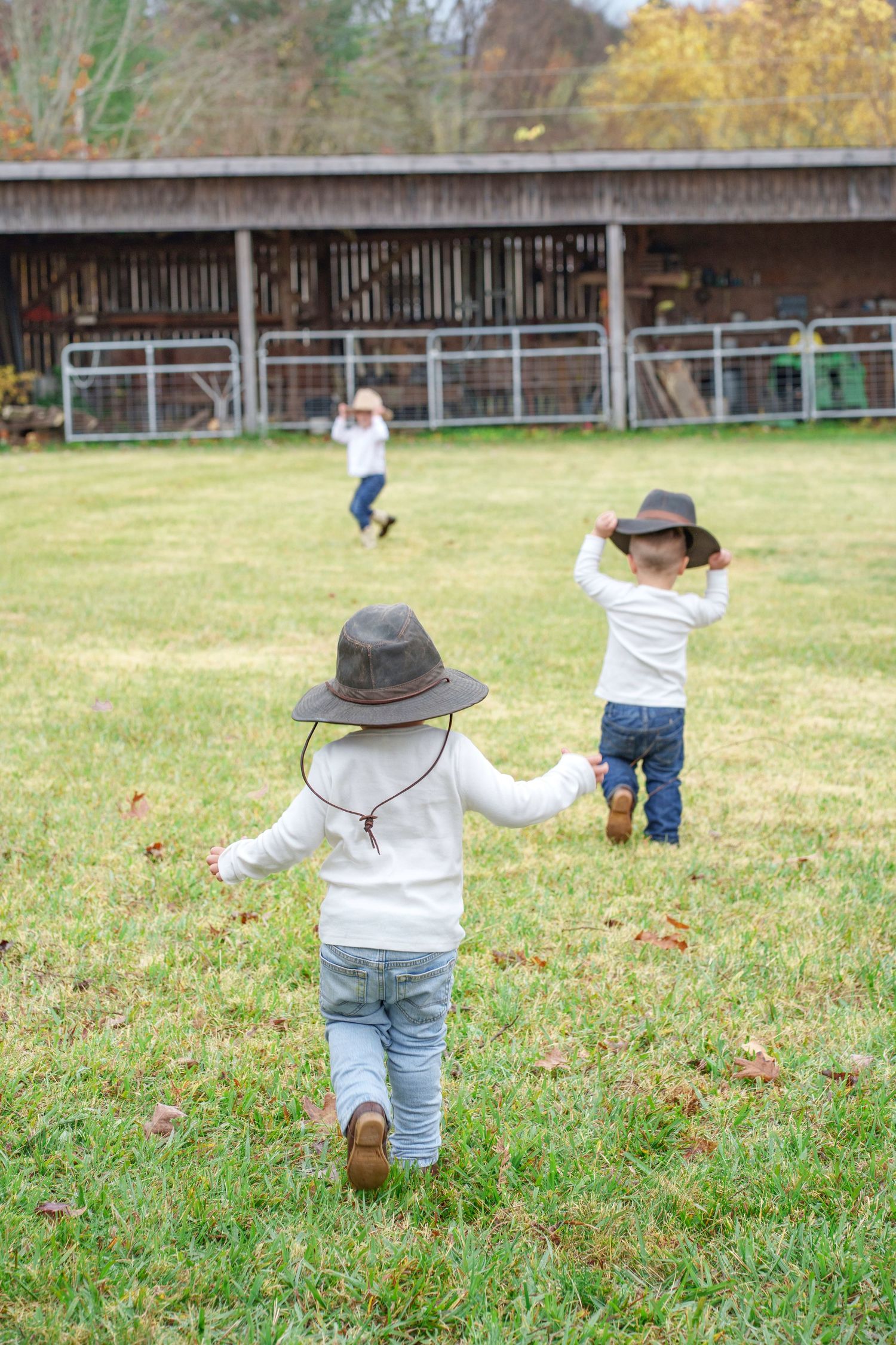Three young children wearing cowboy hats and white shirts run playfully across a grassy farm field near a wooden barn.