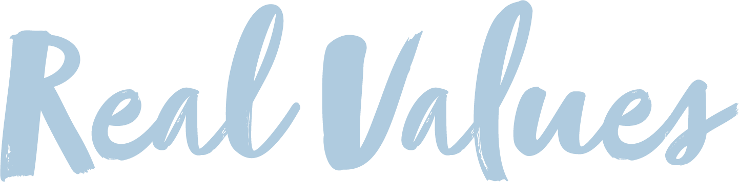 Real Values written in soft blue cursive script logo design.