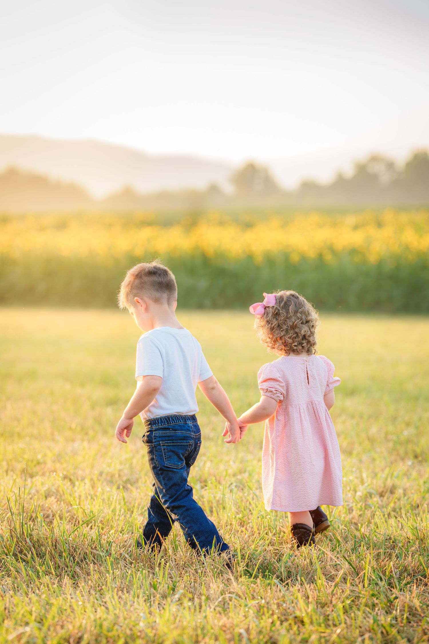 Two young children holding hands walking through a sunny field with yellow flowers and mountains in the background.