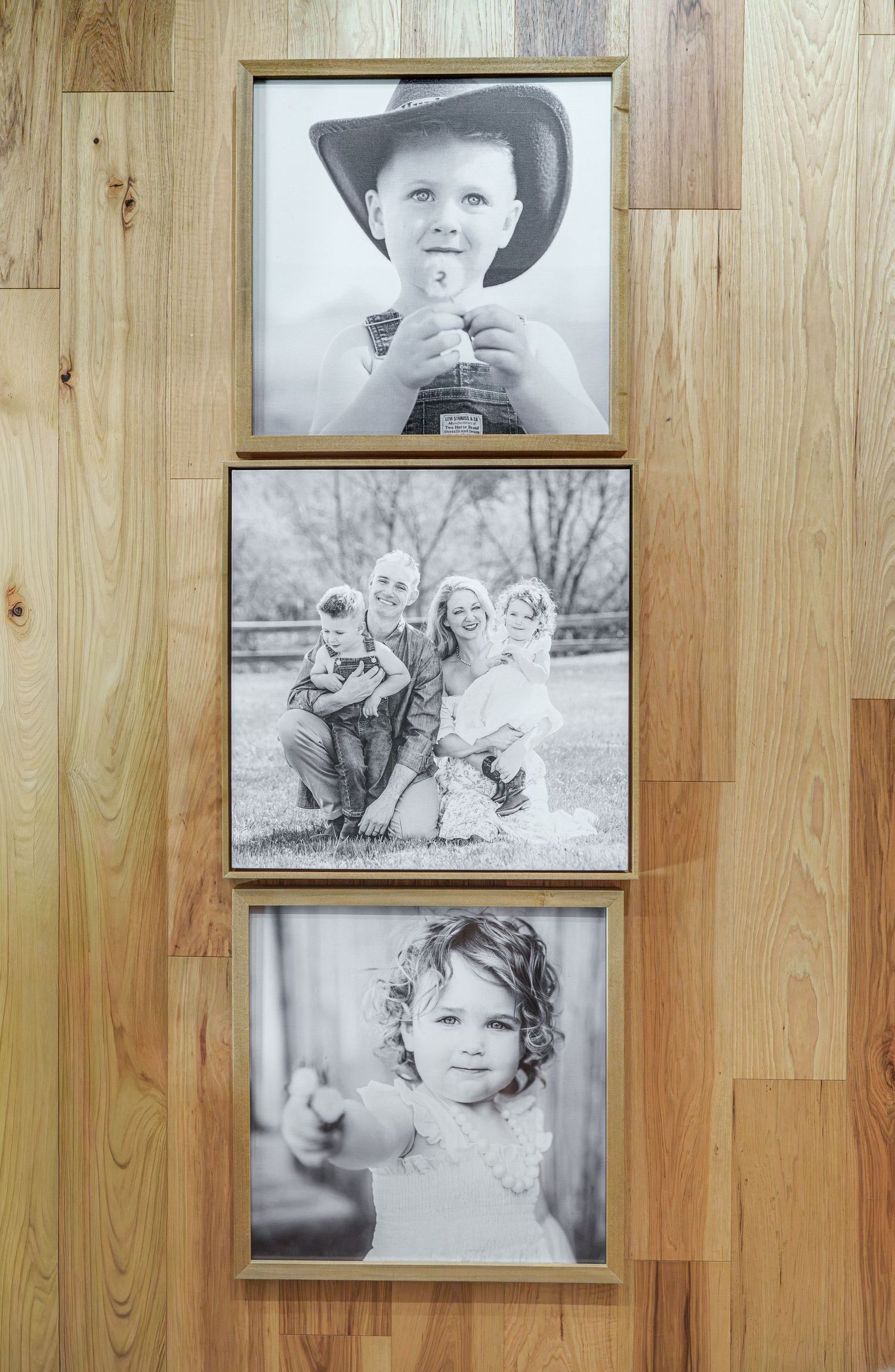 Three black and white family portrait photos in gold frames mounted on a wooden wall, featuring children and a family group.