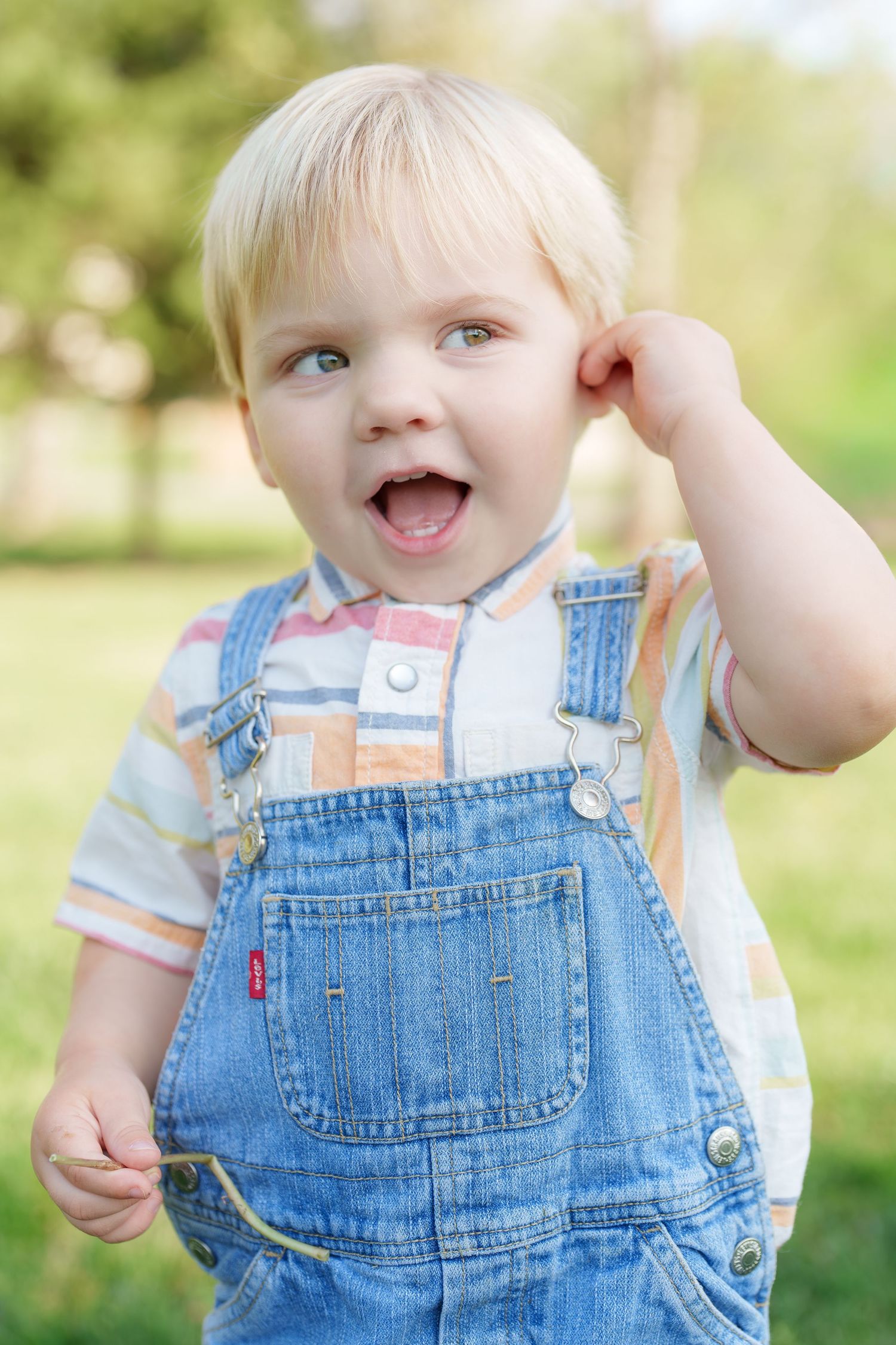 Cute blonde toddler in denim overalls and plaid shirt playing outdoors in a sunny green park.