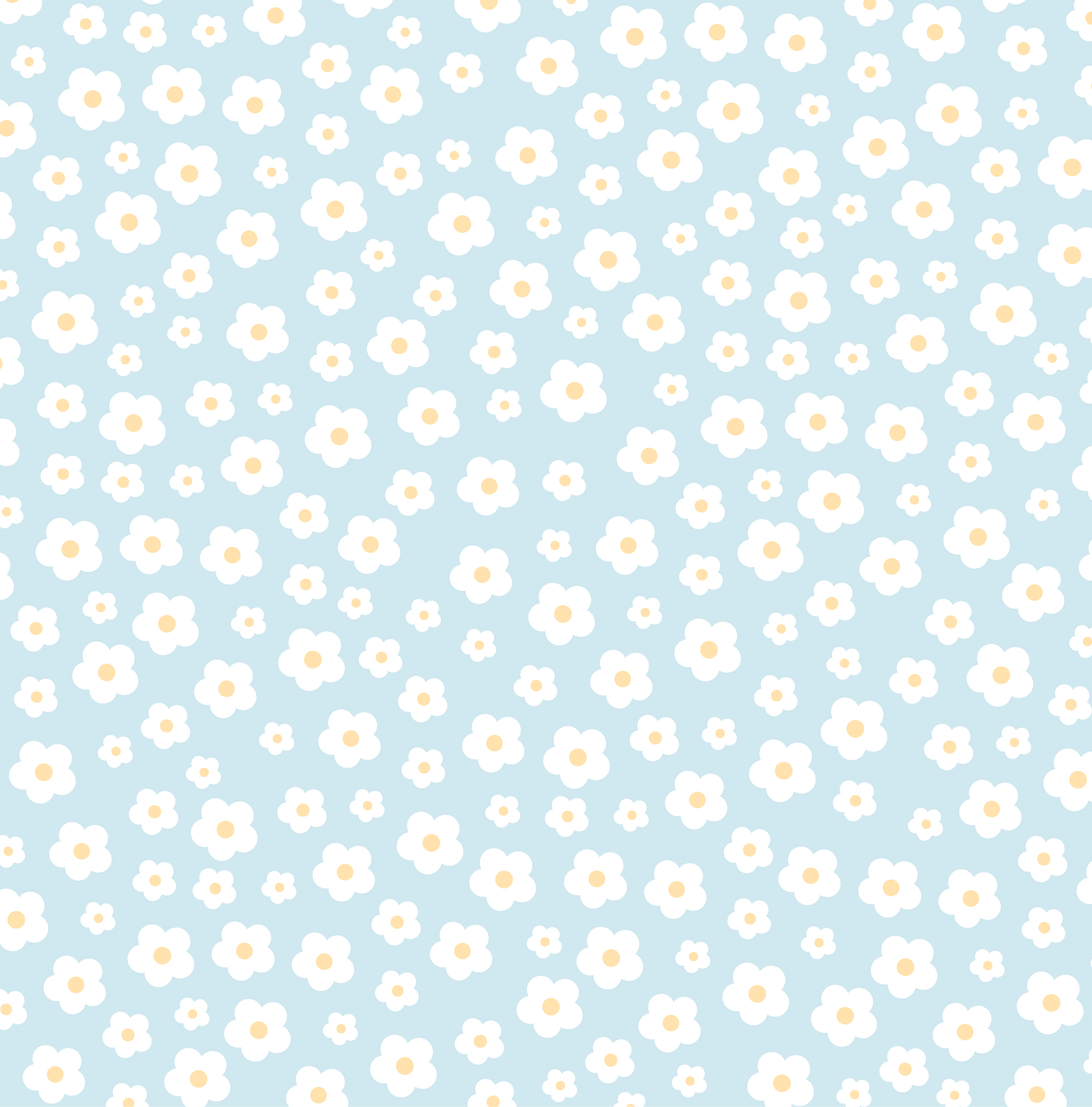 Delicate seamless floral pattern featuring white daisy blooms scattered on a light blue pastel background.