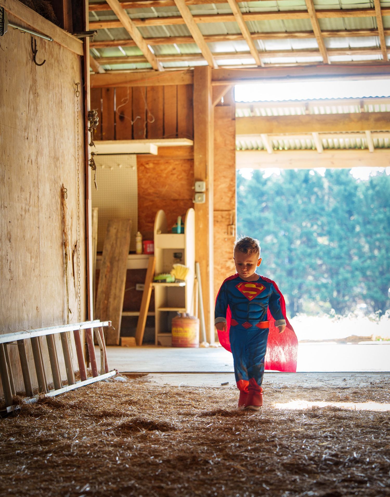 Young boy in Superman costume walks through a rustic barn with sawdust floor and open doorway.