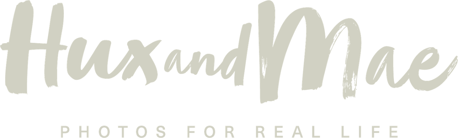 Hux and Mae photography logo with elegant script font and tagline Photos for Real Life.
