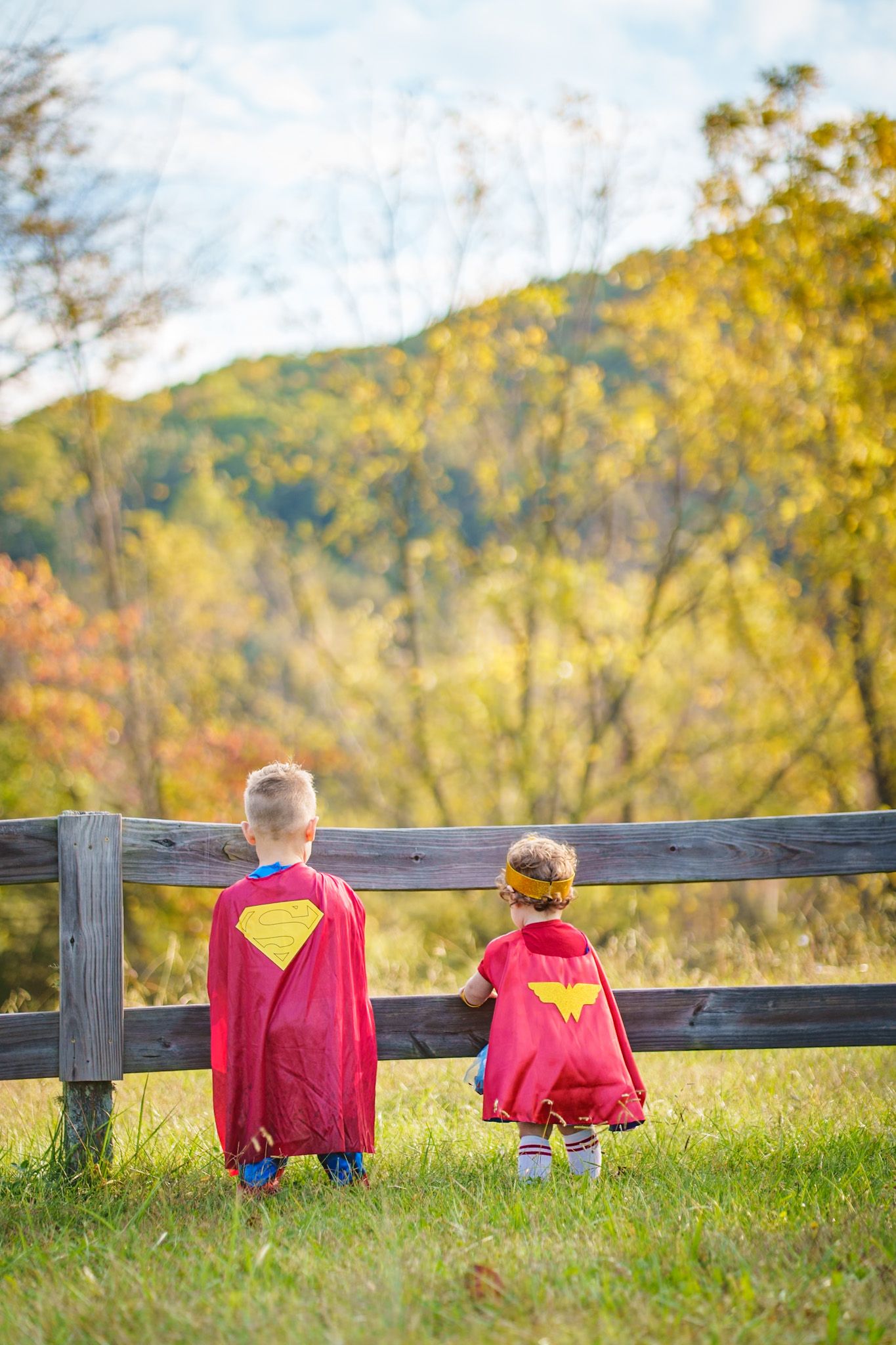 Two children in red superhero capes stand at a wooden fence overlooking colorful autumn trees and mountains.