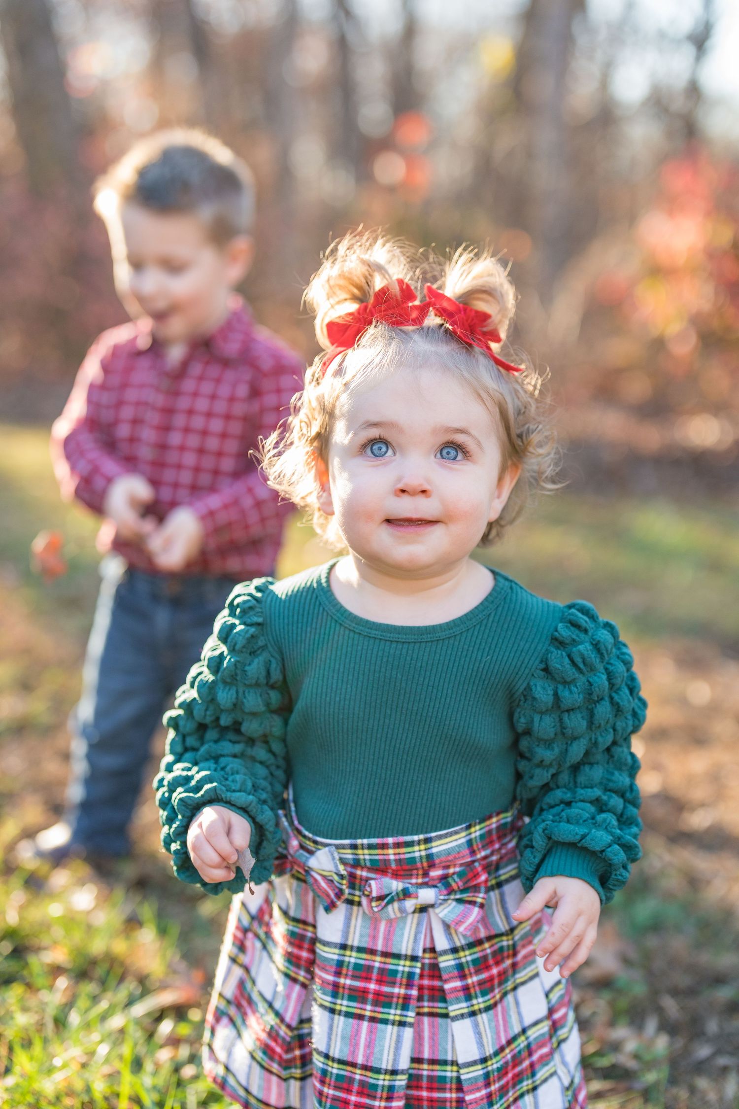 Adorable toddler girl in green dress with red bow smiles outdoors during a fall family photo session.