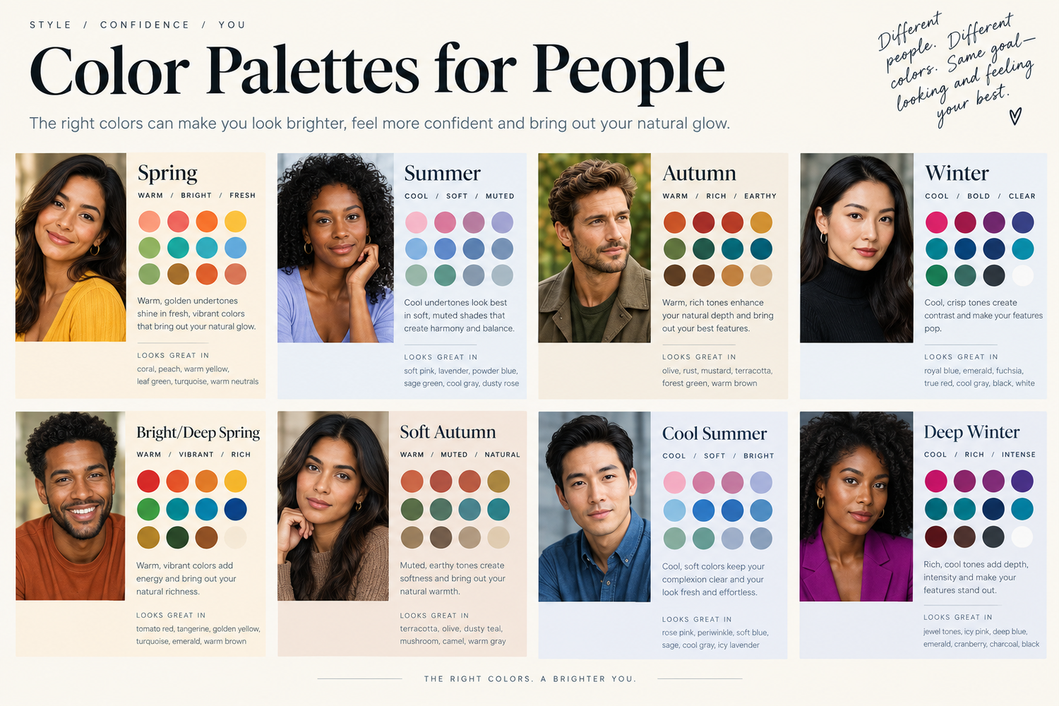 Infographic showing seasonal color palettes for people with different skin tones, featuring Spring, Summer, Autumn, Winter, and more.