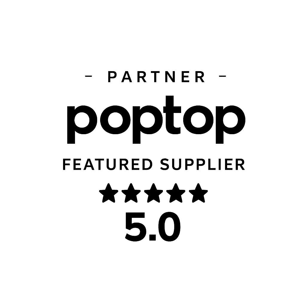 A Poptop featured supplier partner logo with a 5.0 rating displayed.