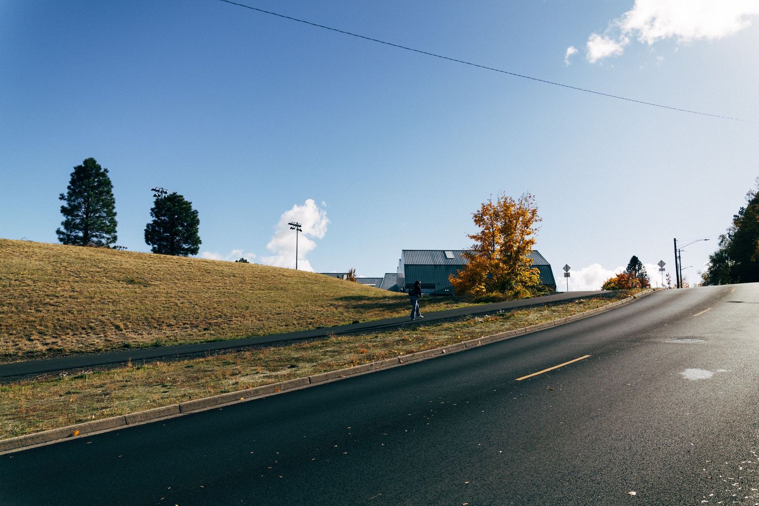 Winding road stretches into the distance under bright blue sky with scattered clouds.