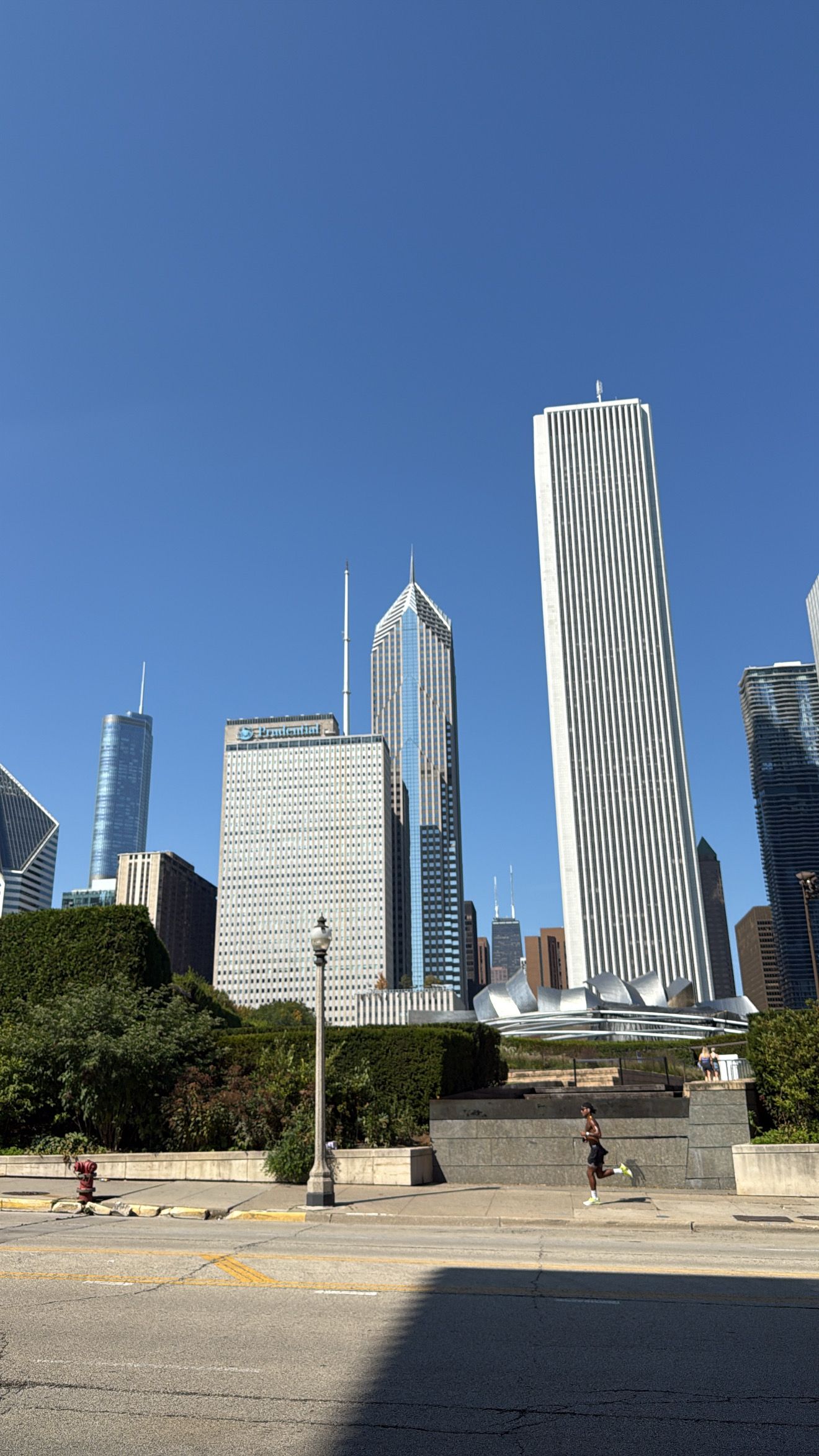 Chicago skyline panorama showing modern skyscrapers and office buildings against a bright blue sky on a sunny day.