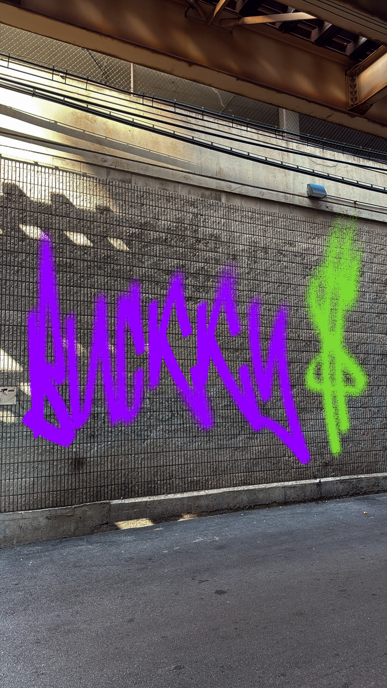 Purple and green neon graffiti art on industrial gray wall.