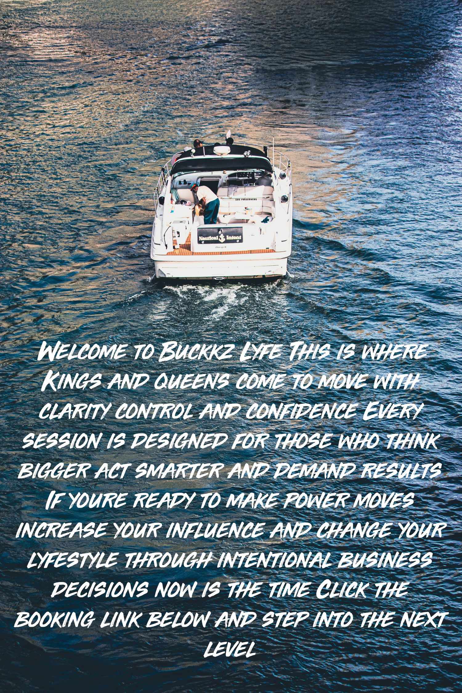 Aerial views of boats on blue water with overlaid white text messages about booking lifestyle experiences.