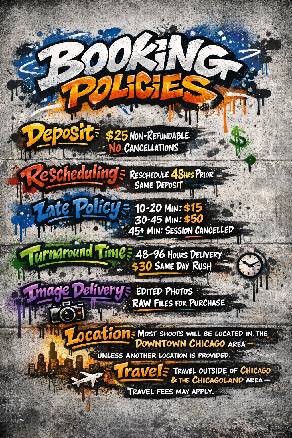 Graffiti style photography business policies banner showing booking, rescheduling, delivery and location details in blue and orange.