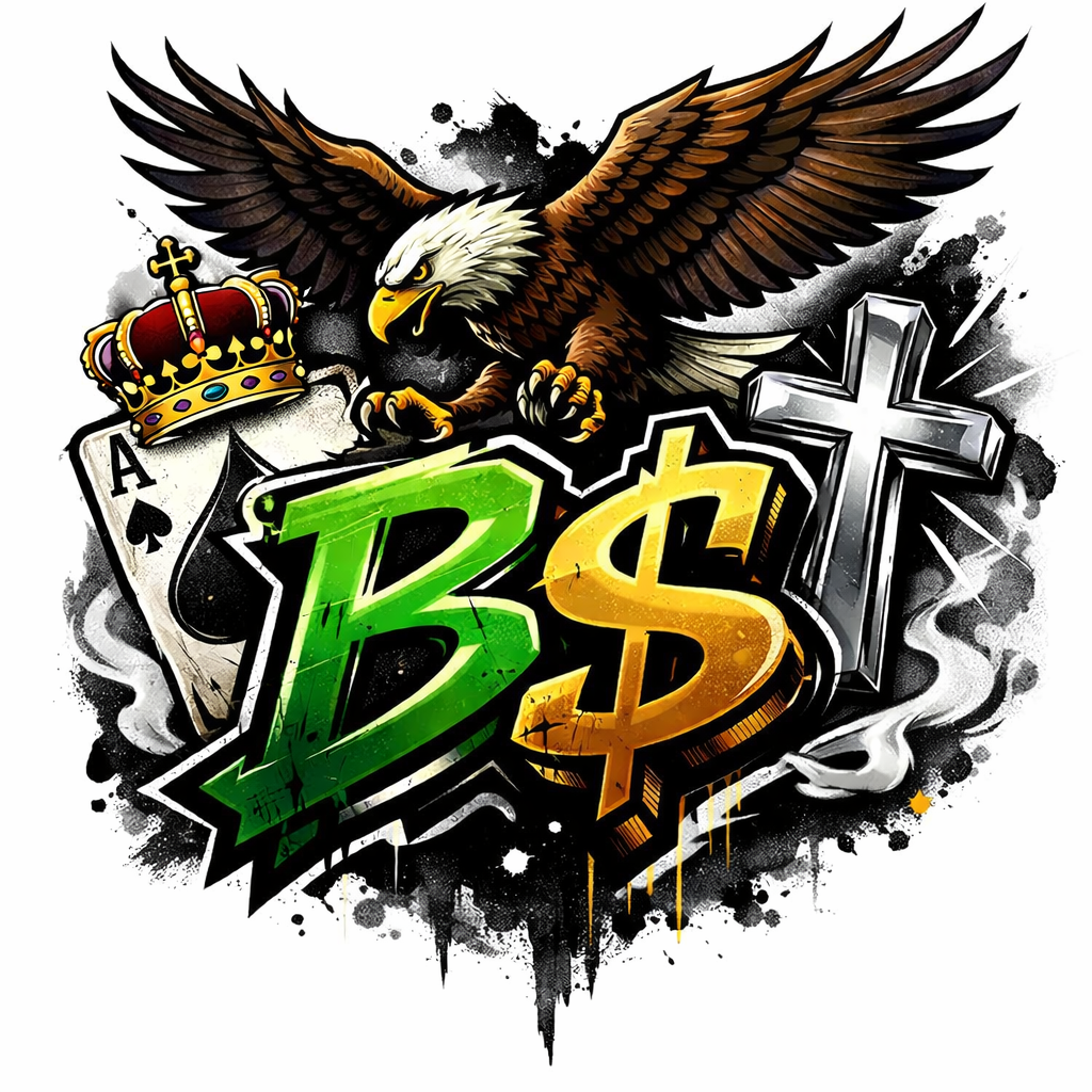 Graffiti-style logo with eagle, crown, dollar sign, cross and playing card symbols in black, green and gold colors.