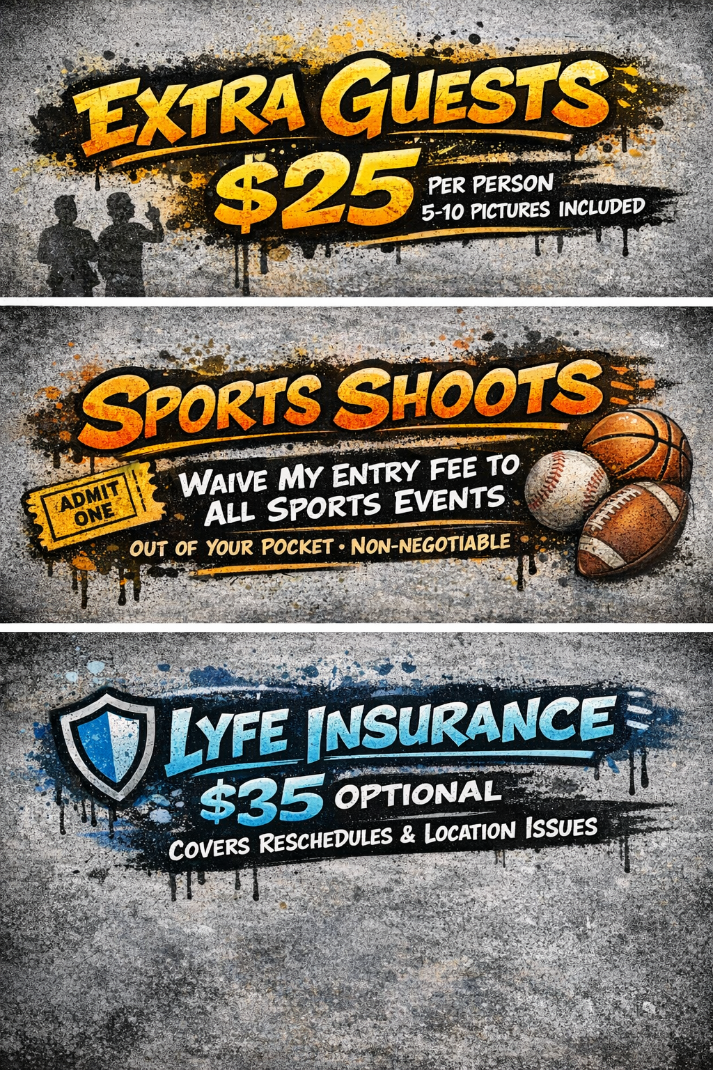 Sports photography pricing banner showing fees for extra guests, sports shoots, and insurance options on a grunge background.