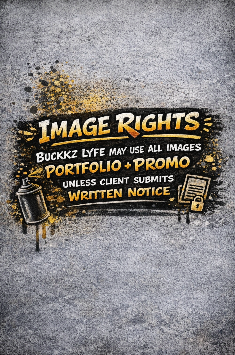 A series of grunge-style text banners with 'Image Rights' and 'Portfolio + Promo' text against textured gray backgrounds.