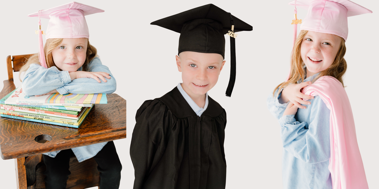 Three children in graduation caps and gowns celebrate their academic achievement in a cheerful photo.