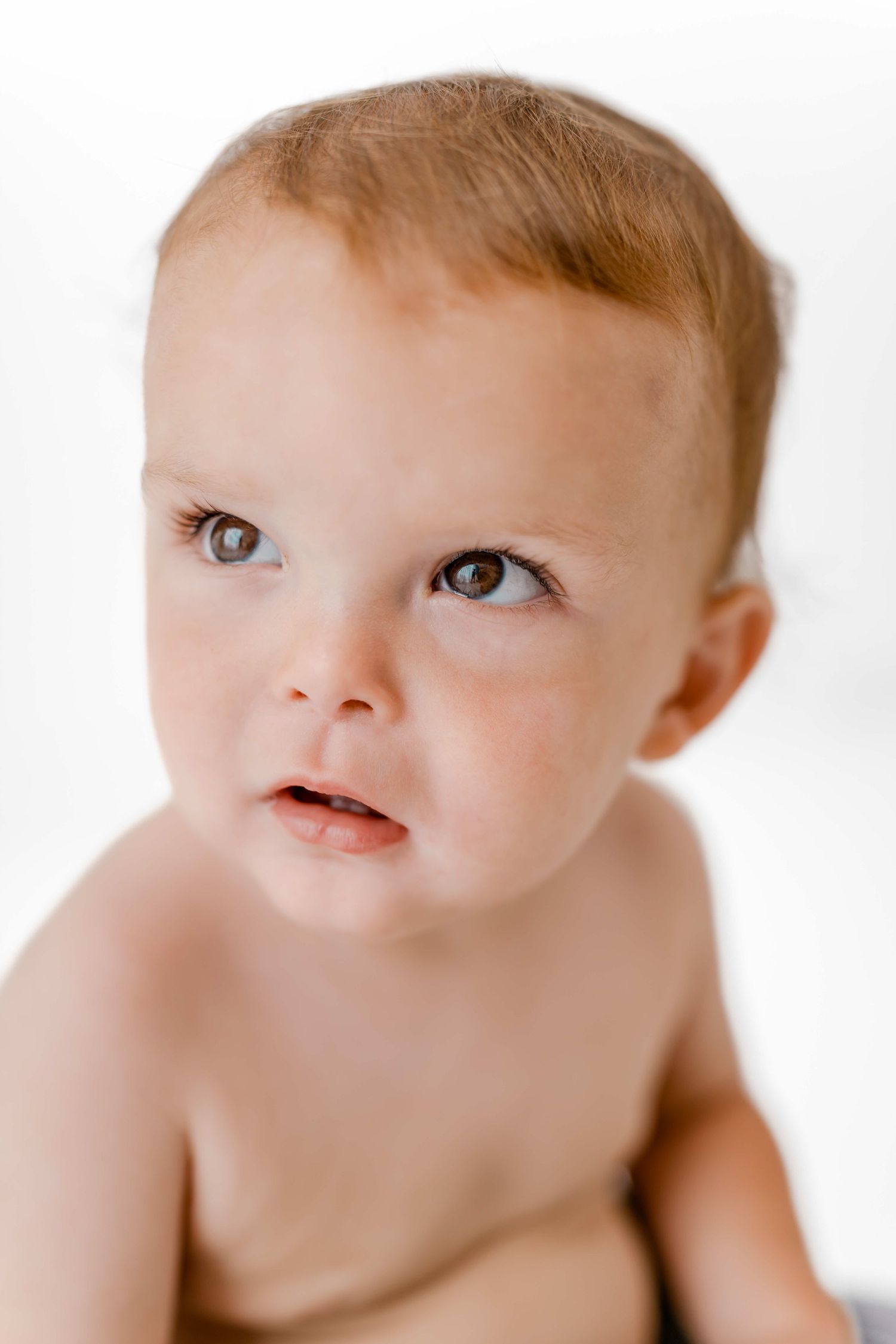 Close up portrait of a baby with light hair and bright eyes looking upward against a white background.
