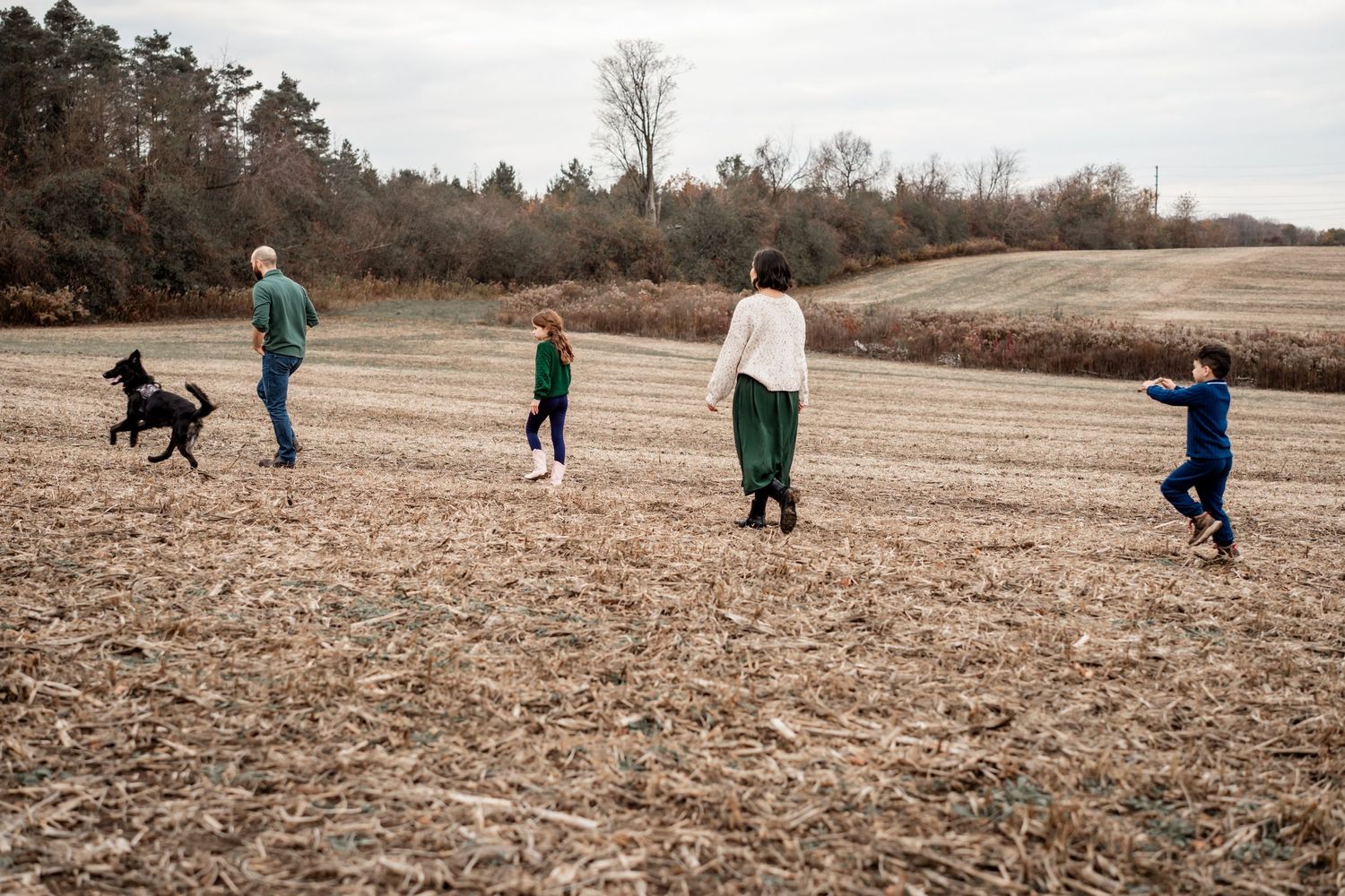 A group of people and a dog playing together in a brown winter field on an overcast day.