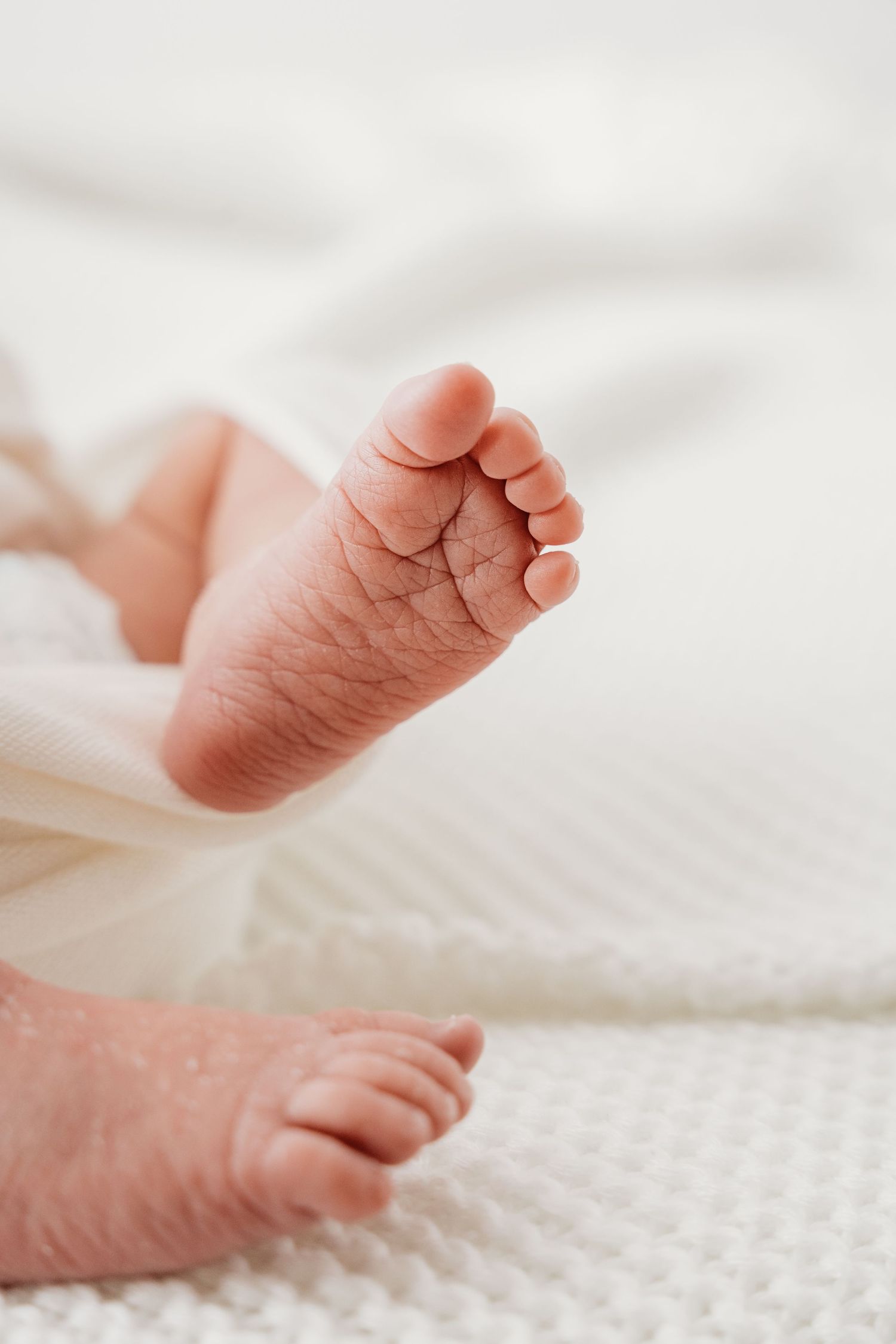 Close-up of tiny newborn baby feet on white textured blanket showing delicate pink toes and soft skin.