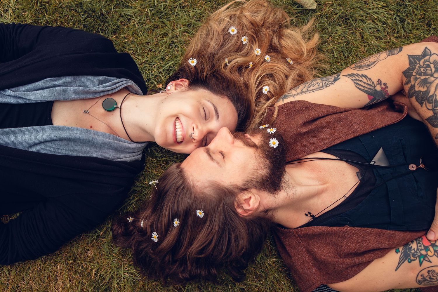 Romantic couple photoshoot outdoors in Galway, hair adorned with flowers
