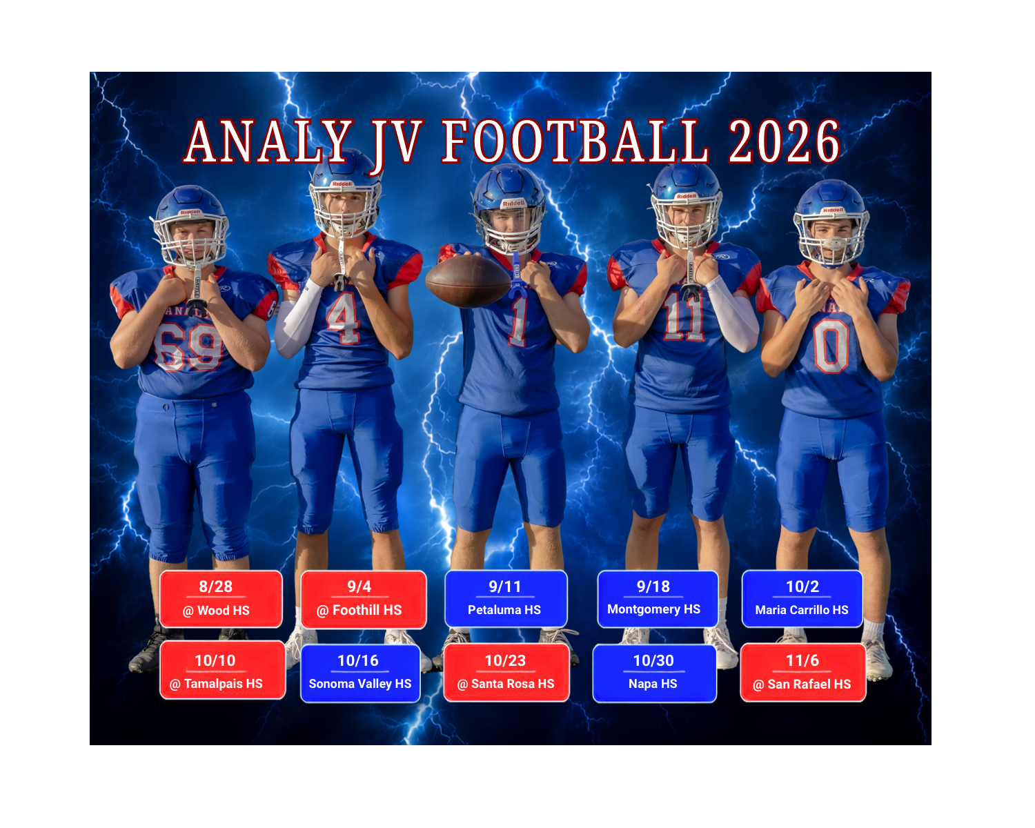 Analy JV Football 2026 team poster featuring five players in blue uniforms with game schedule dates listed below.