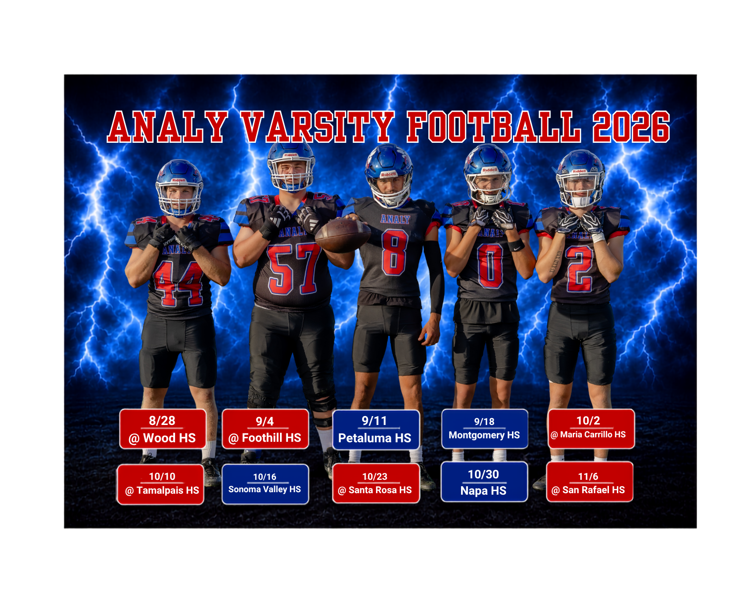 Analy Varsity Football 2026 team poster featuring five players in red uniforms with game schedule dates listed below.
