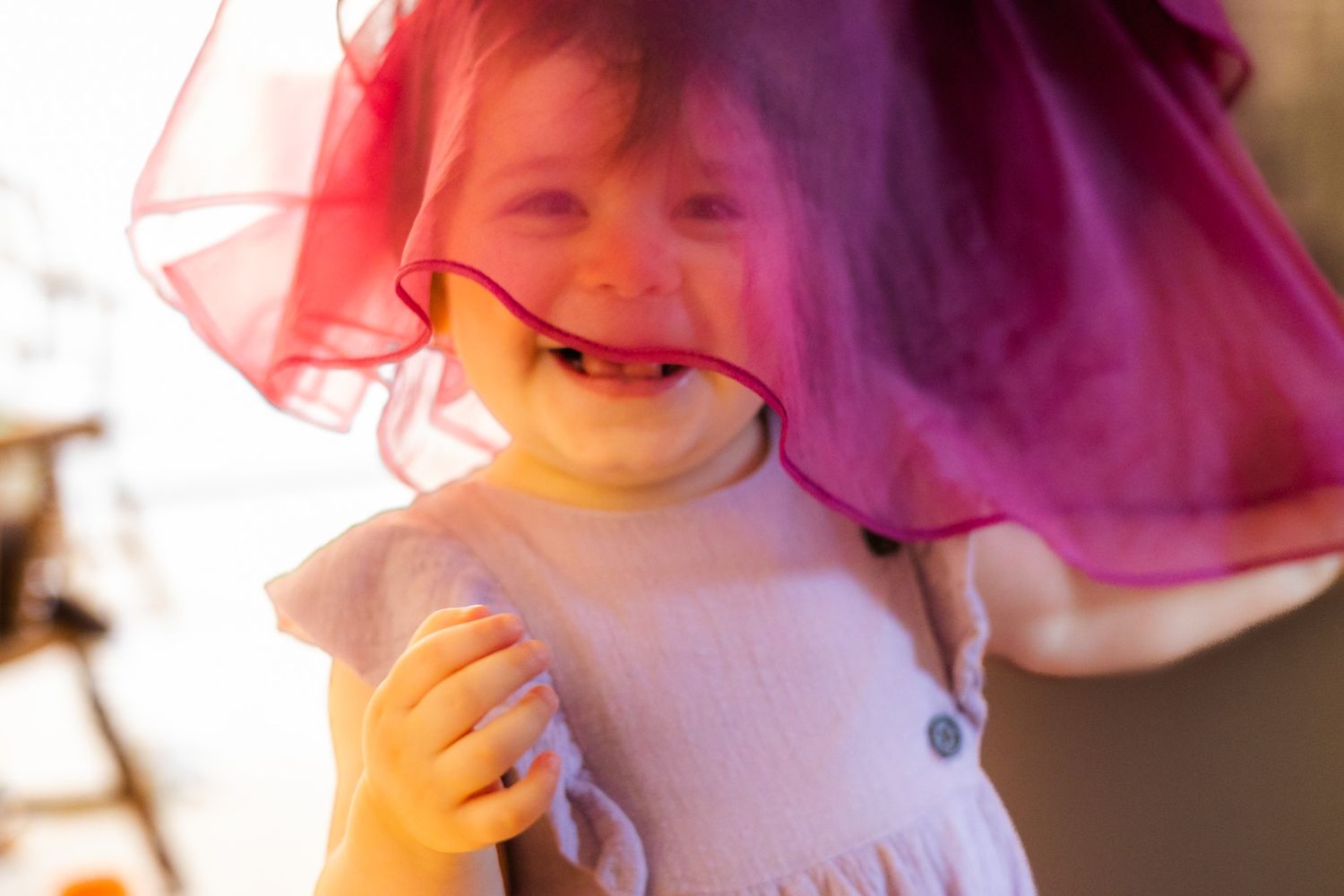 Baby girl peeking through the wedding veil smiling in great photo by Sonoma county photographer smc shots