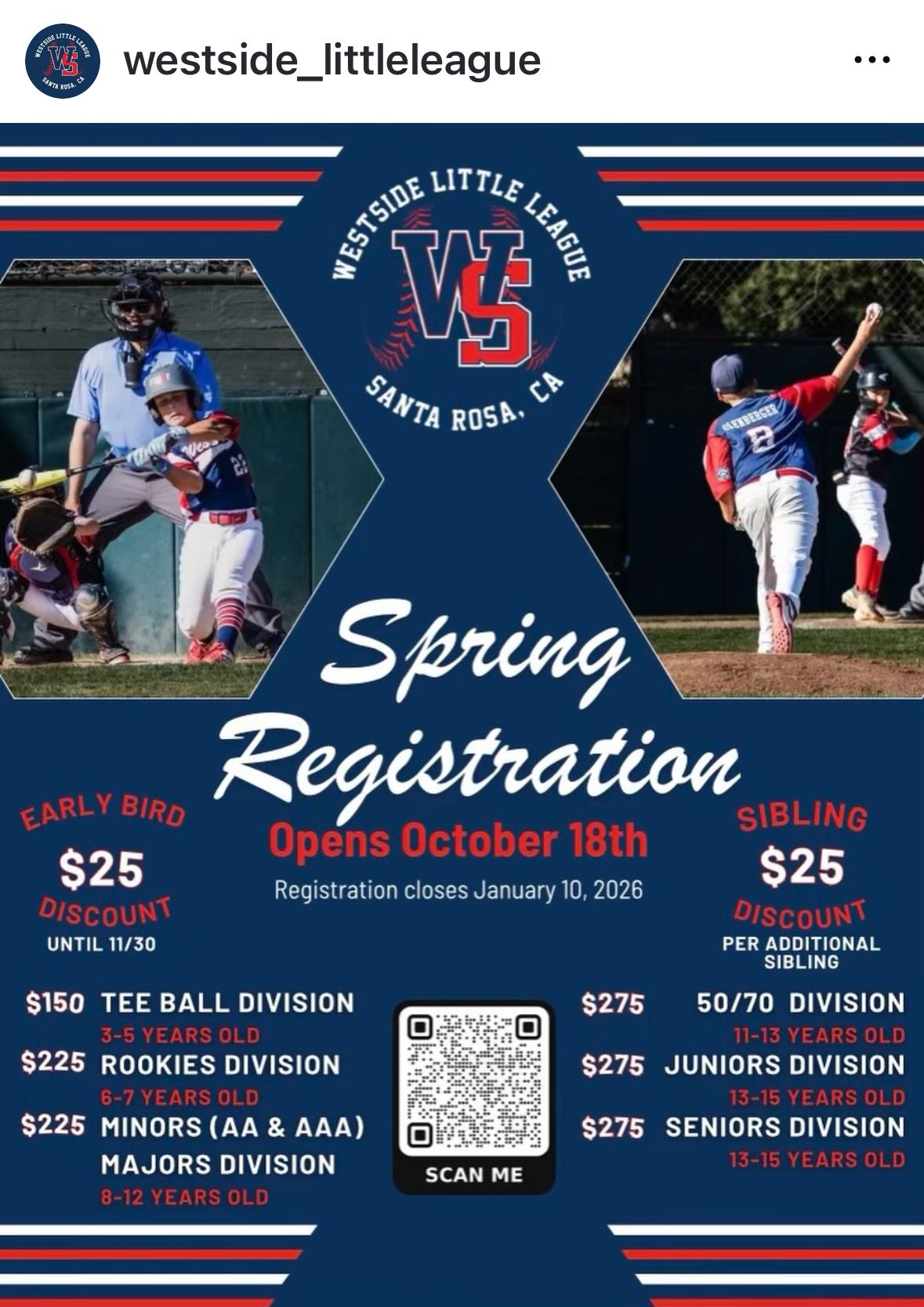 Westside Little League Santa Rosa CA Spring Registration flyer opens October 18th with division pricing and sibling discounts.