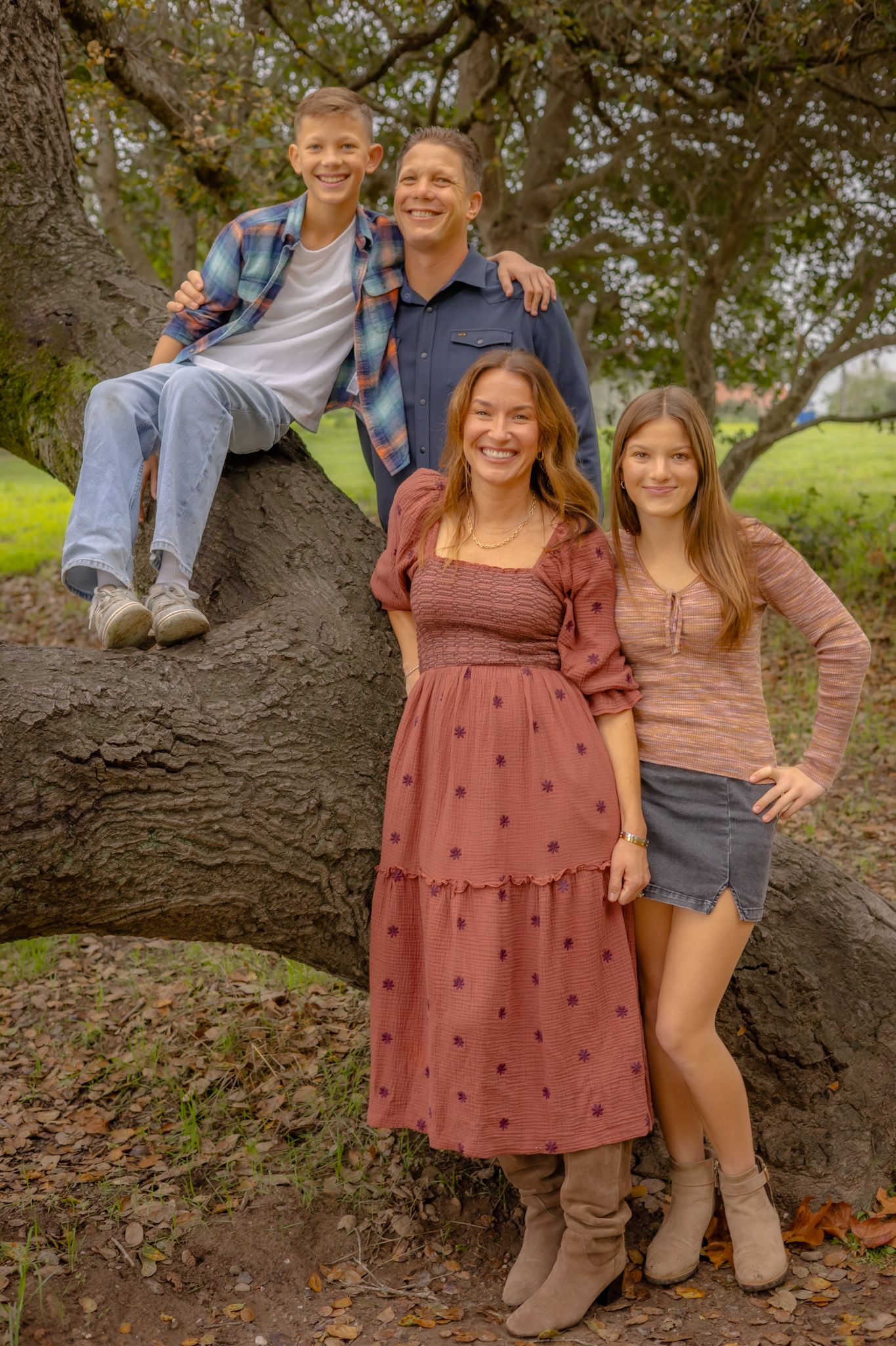 Family sits on Petaluma oak tree in portrait by Sonoma county photographer smc shots