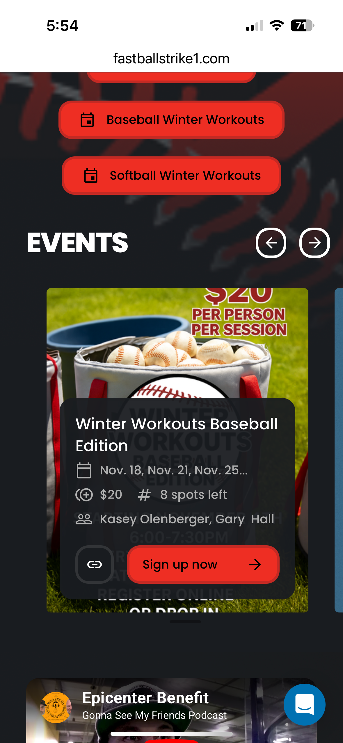 Mobile website for fastballstrike1.com showing baseball winter workout events with sign-up options and pricing at $20 per session.
