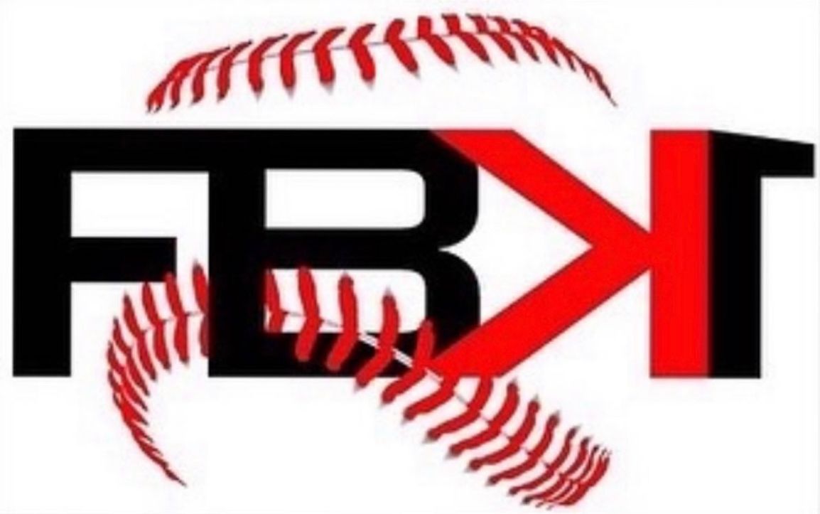 FBKT baseball logo with bold black letters and a red baseball graphic with stitching in the background.