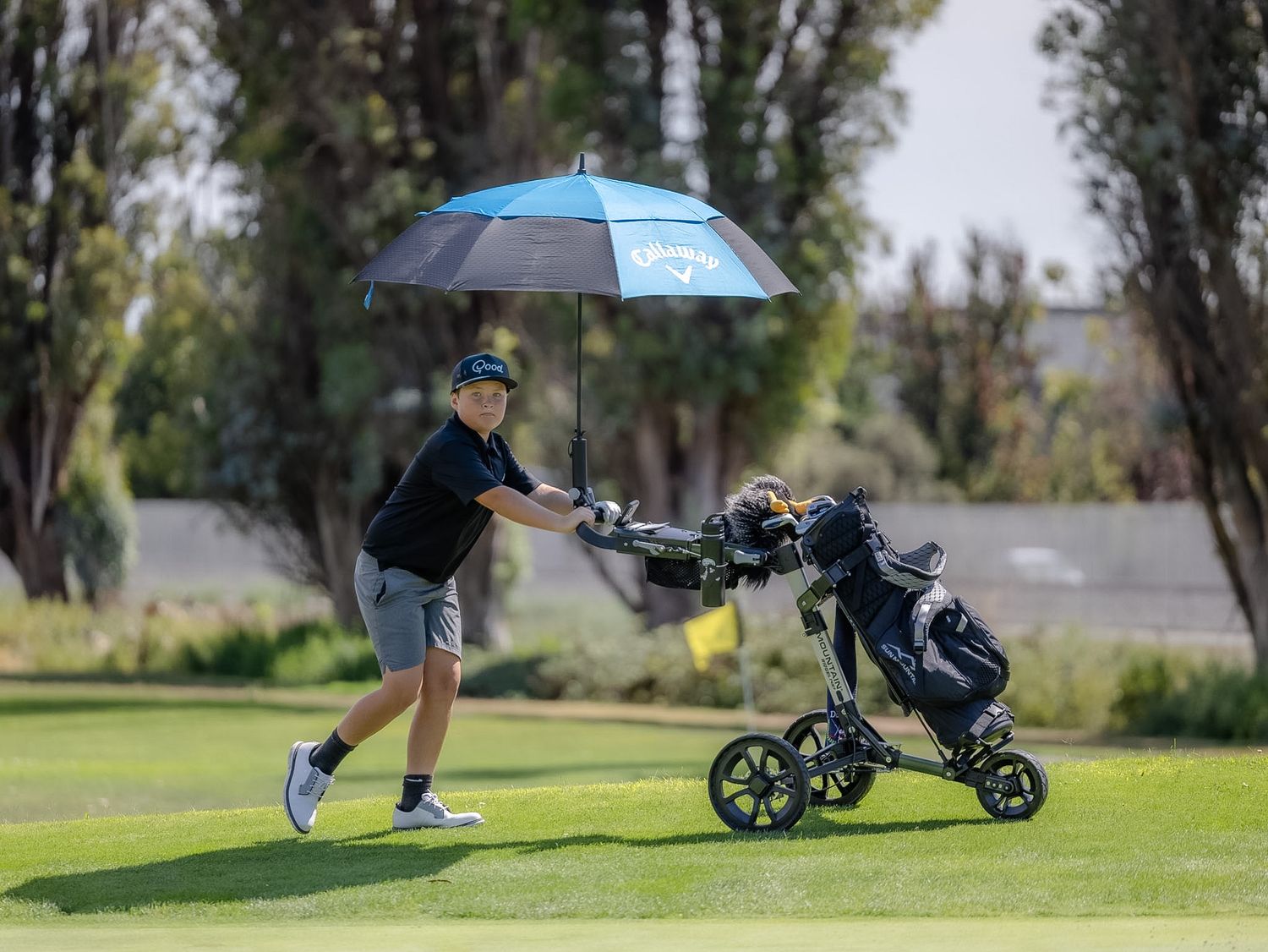 Young golfer walking on course with umbrella and golf bag cart on a sunny day.