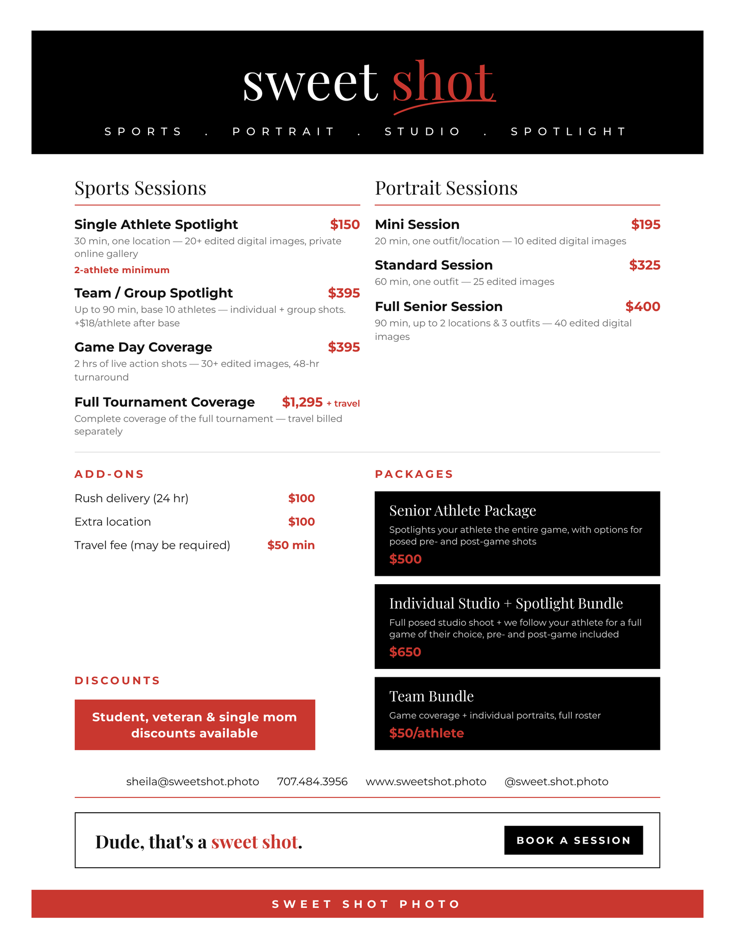 Sweet Shot Photo pricing sheet featuring sports and portrait session packages, add-ons, discounts, and contact information.