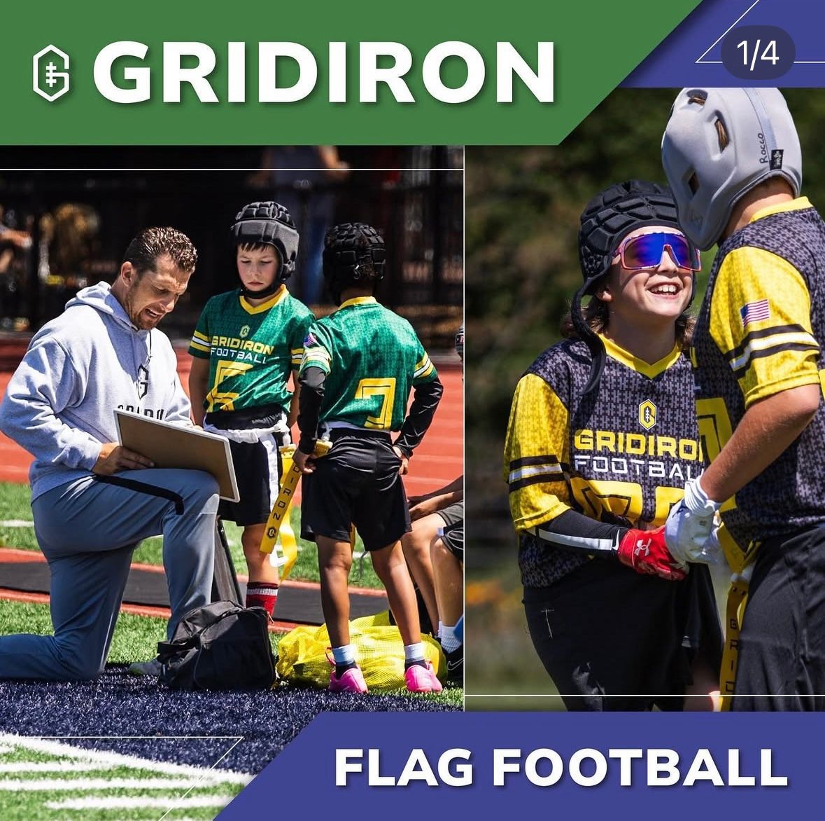Youth flag football players with coach reviewing plays on a clipboard during a Gridiron Football league game.