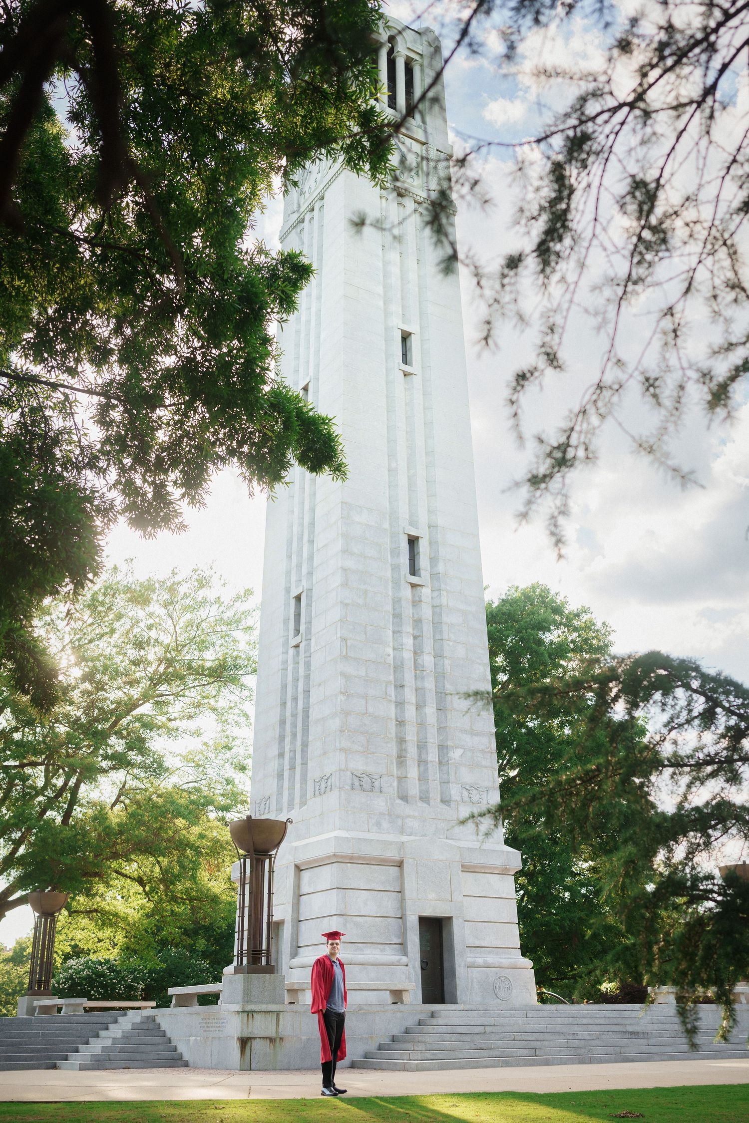 College graduate portrait at the NC State Bell Tower in Raleigh North Carolina