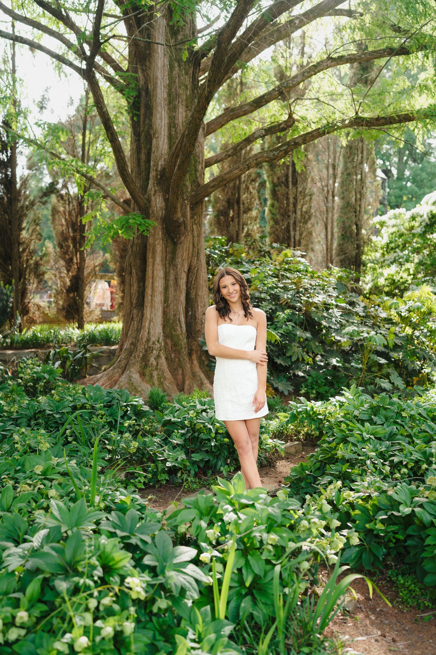 High school senior girl in a white dress standing among trees at the Raleigh Rose Garden in Raleigh.
