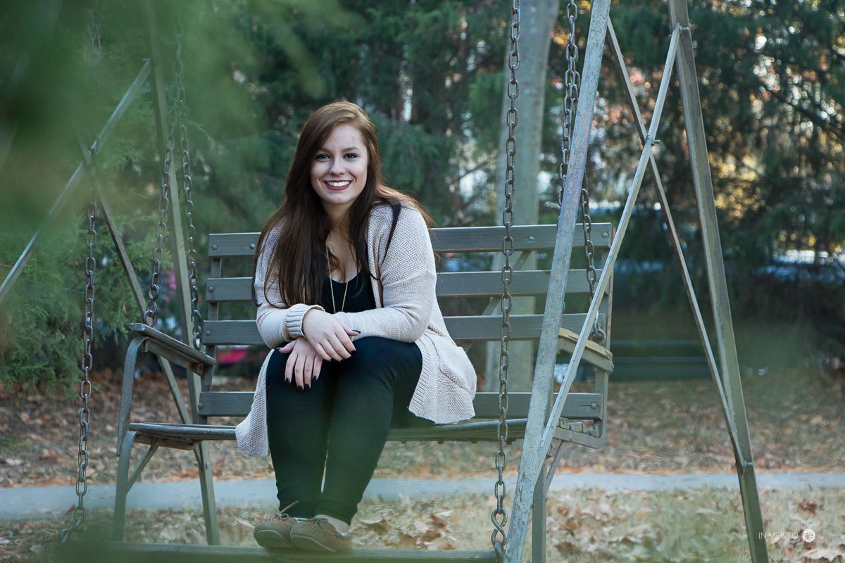 Series of outdoor portraits on swings in a park during autumn.